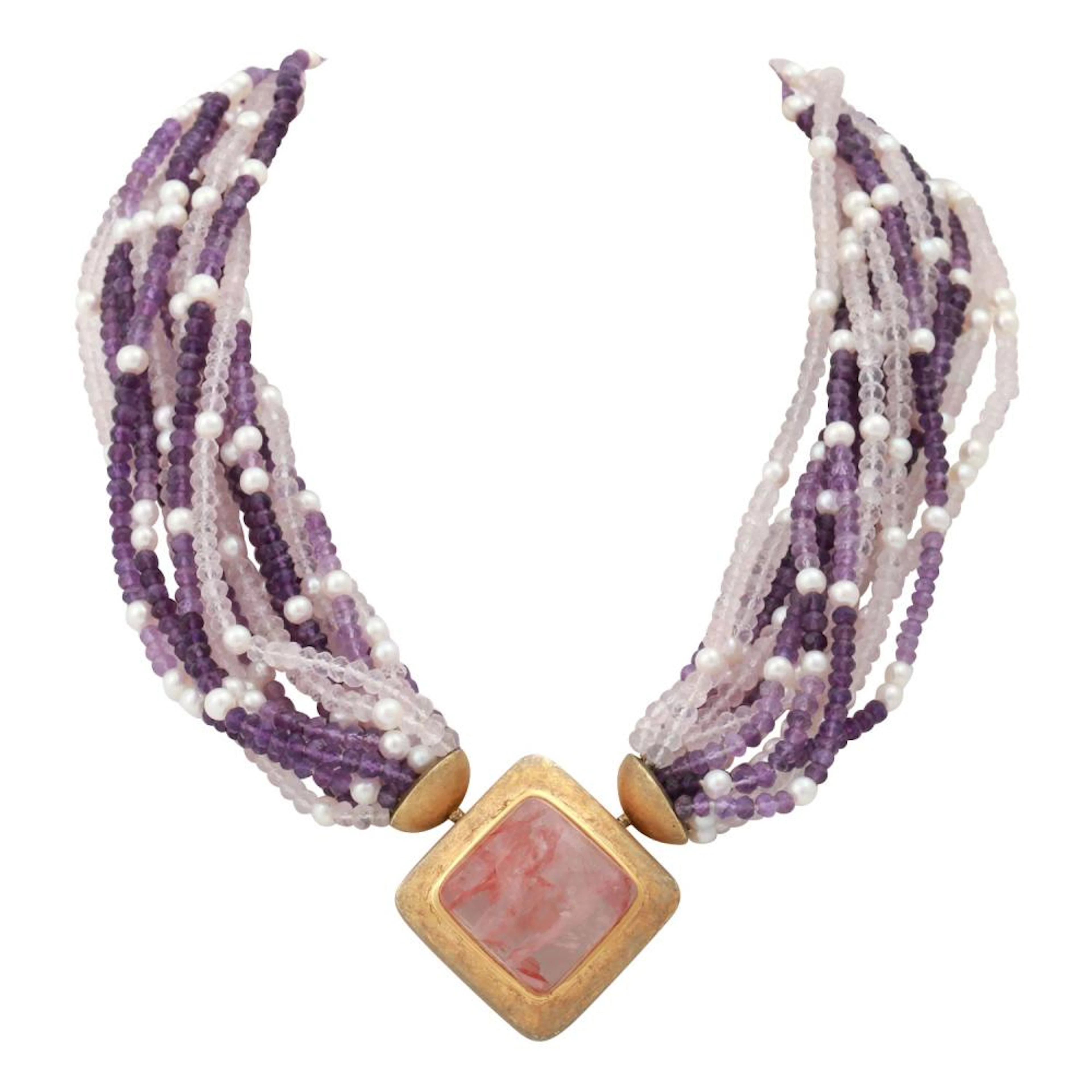 Üppige Halskette aus Amethyst und Rosenquarz