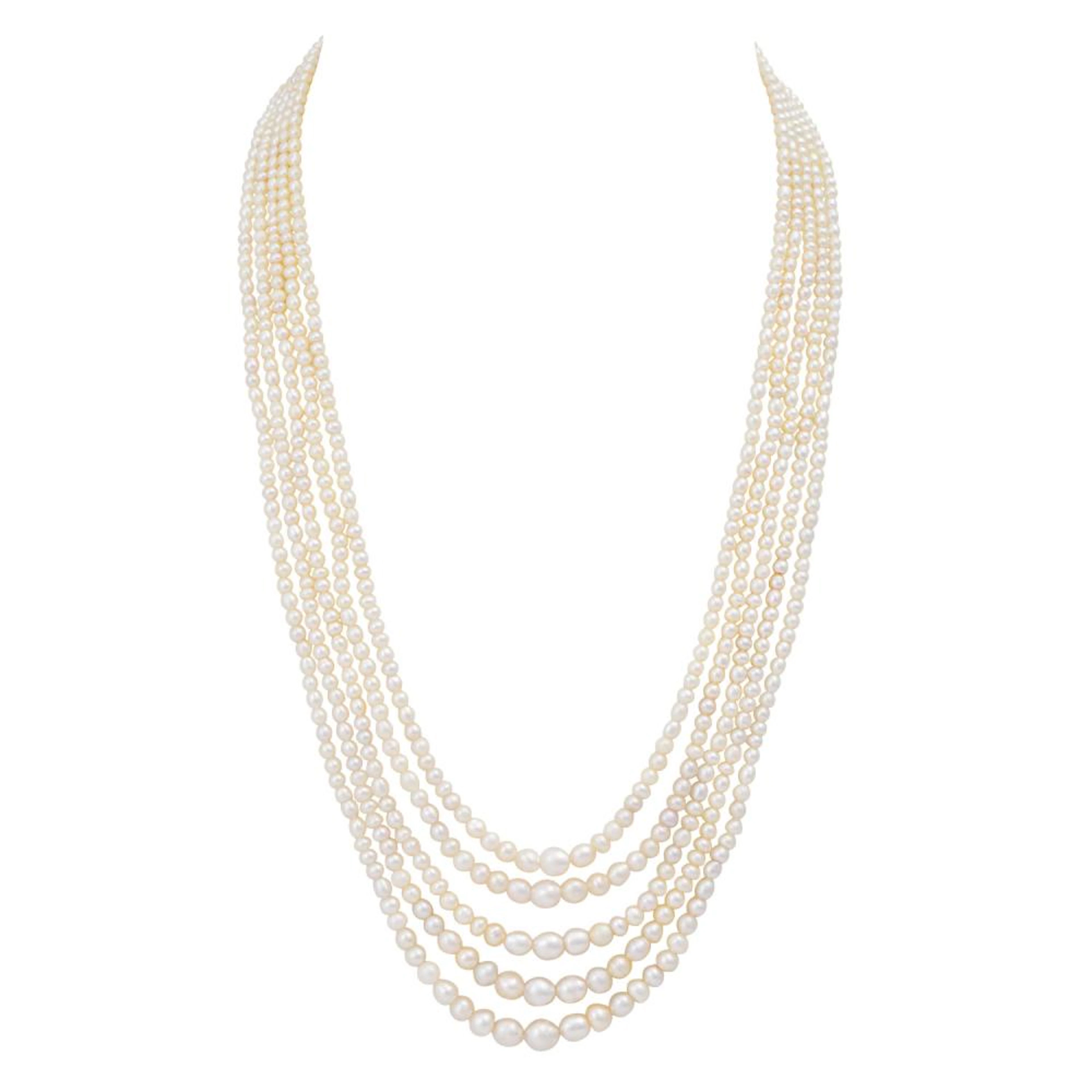 SELTENES Collier aus 5 Reihen Naturperlen,