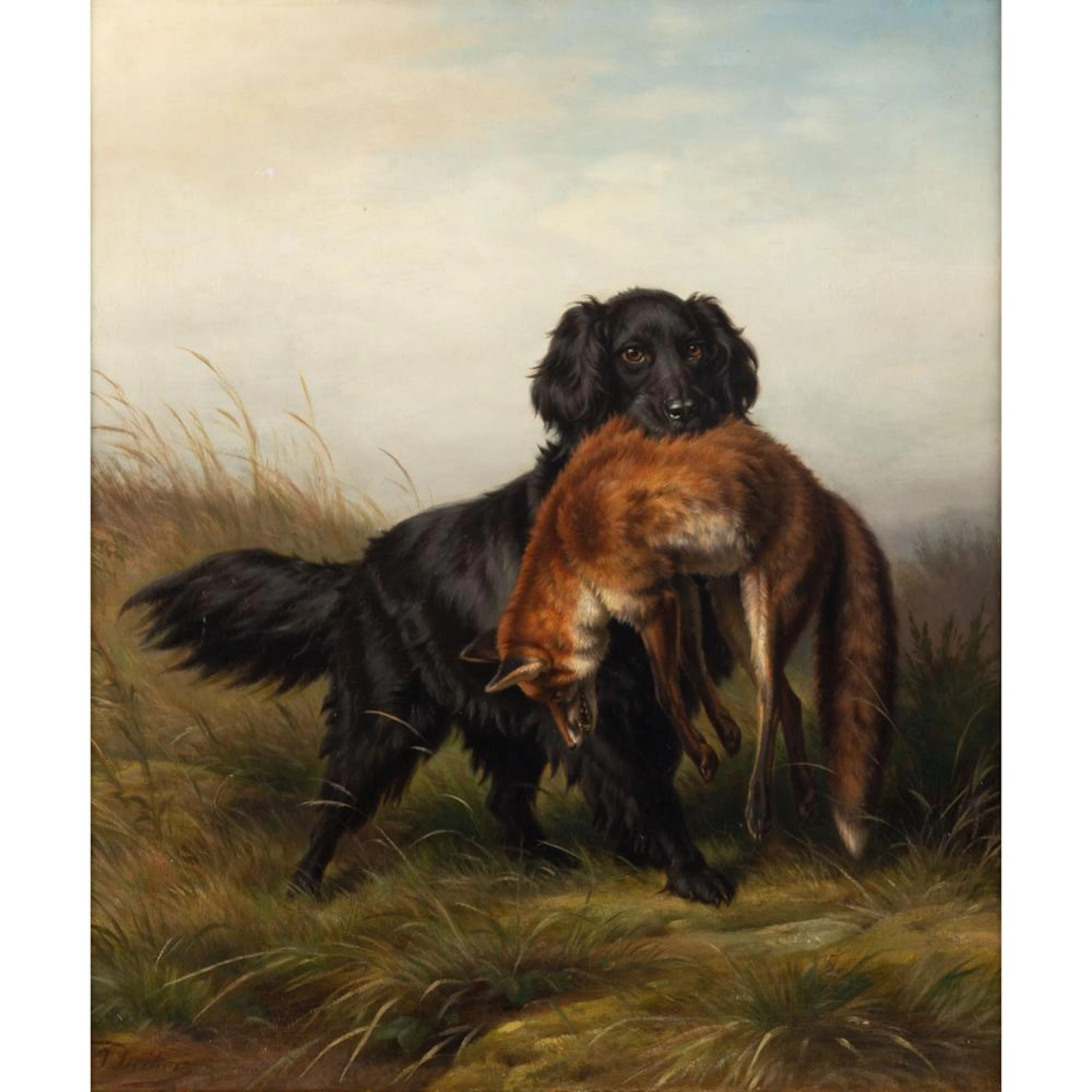 DEIKER, JOHANNES CHRISTIAN (1822-1895), "Jagdhund, einen Fuchs apportierend",