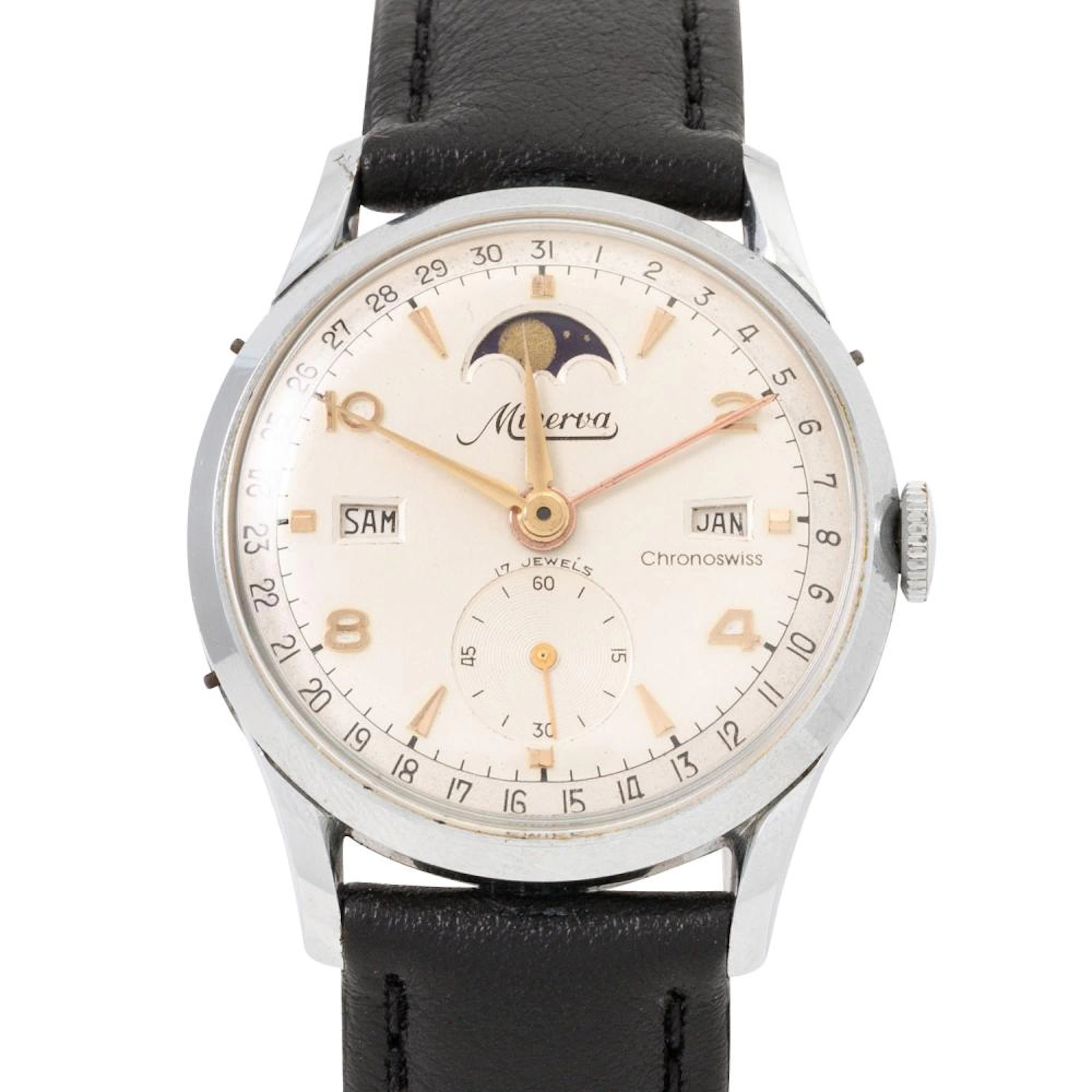 MINERVA / RECORD Datofix Triple Date Vintage Wrist Watch.