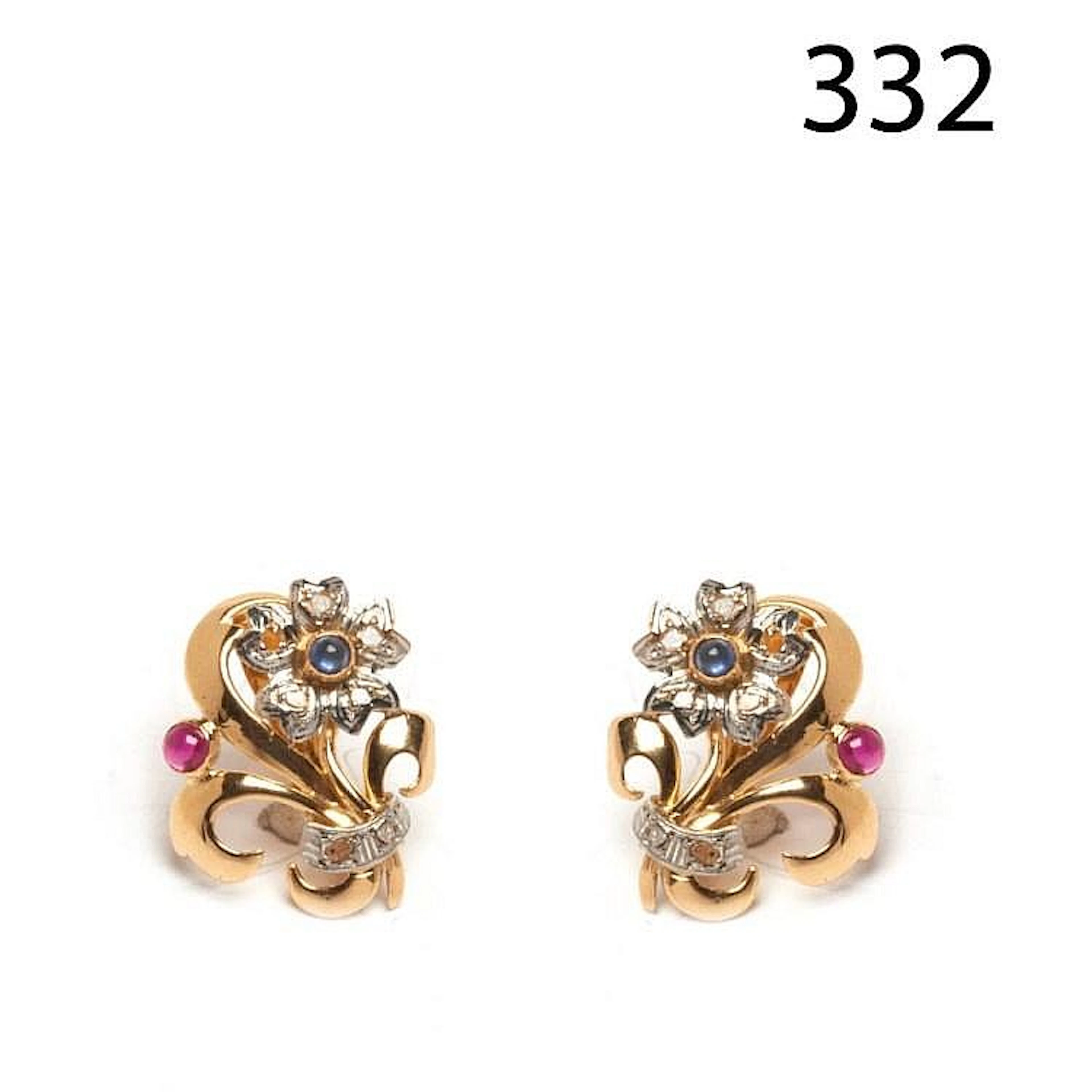 Gold, platinum, diamonds, blue sapphire and synthetic ruby earrings