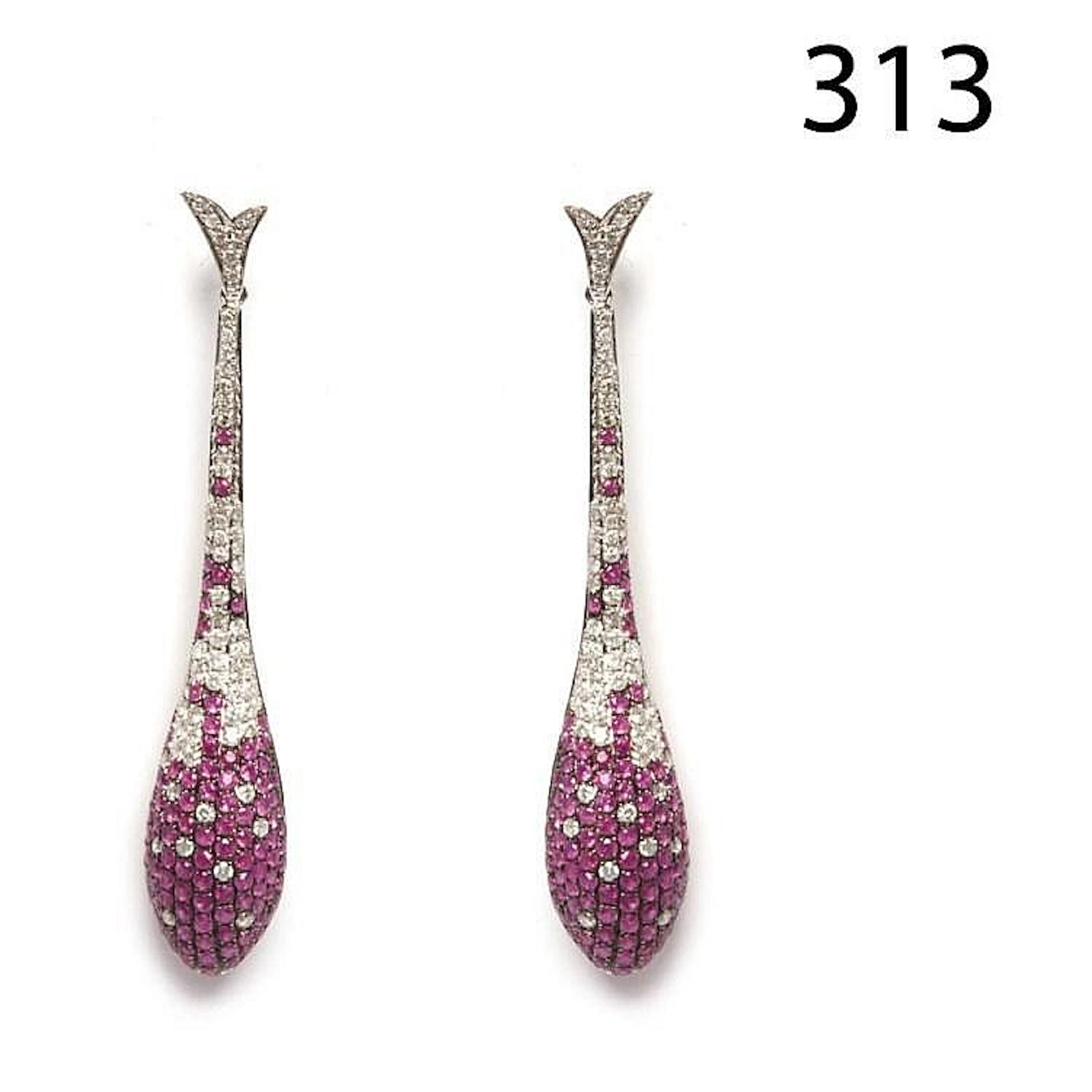 White gold, diamonds and rubies earrings