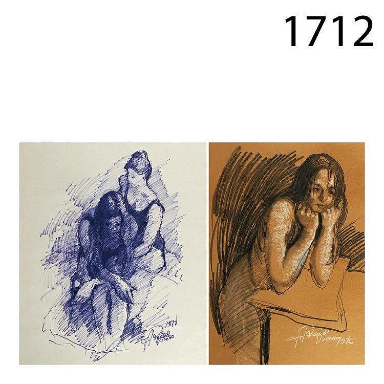 Lady and figures. Two ink and crayon drawings on paper.