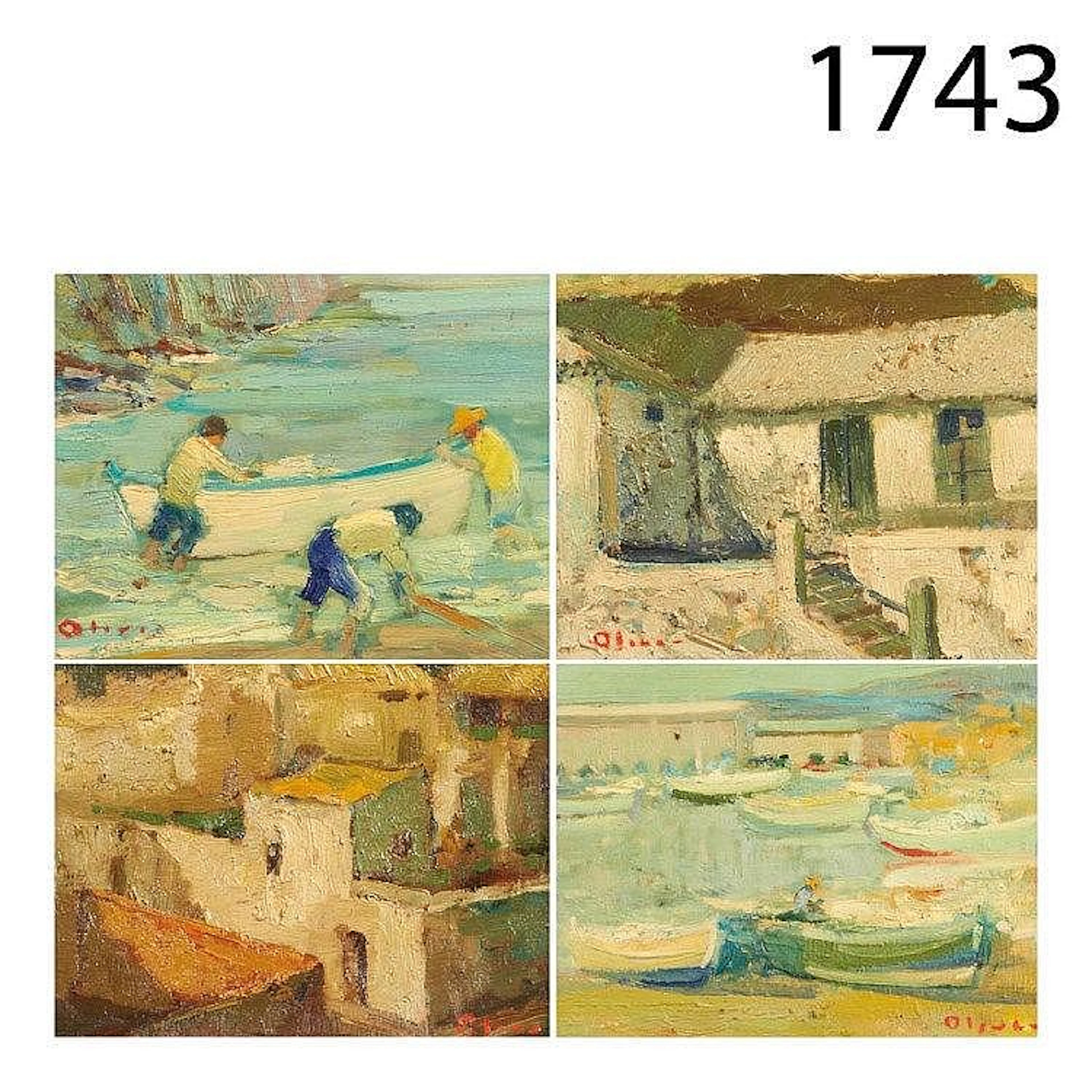 Boats, Village and Rural landscape. Four oils on panel.
