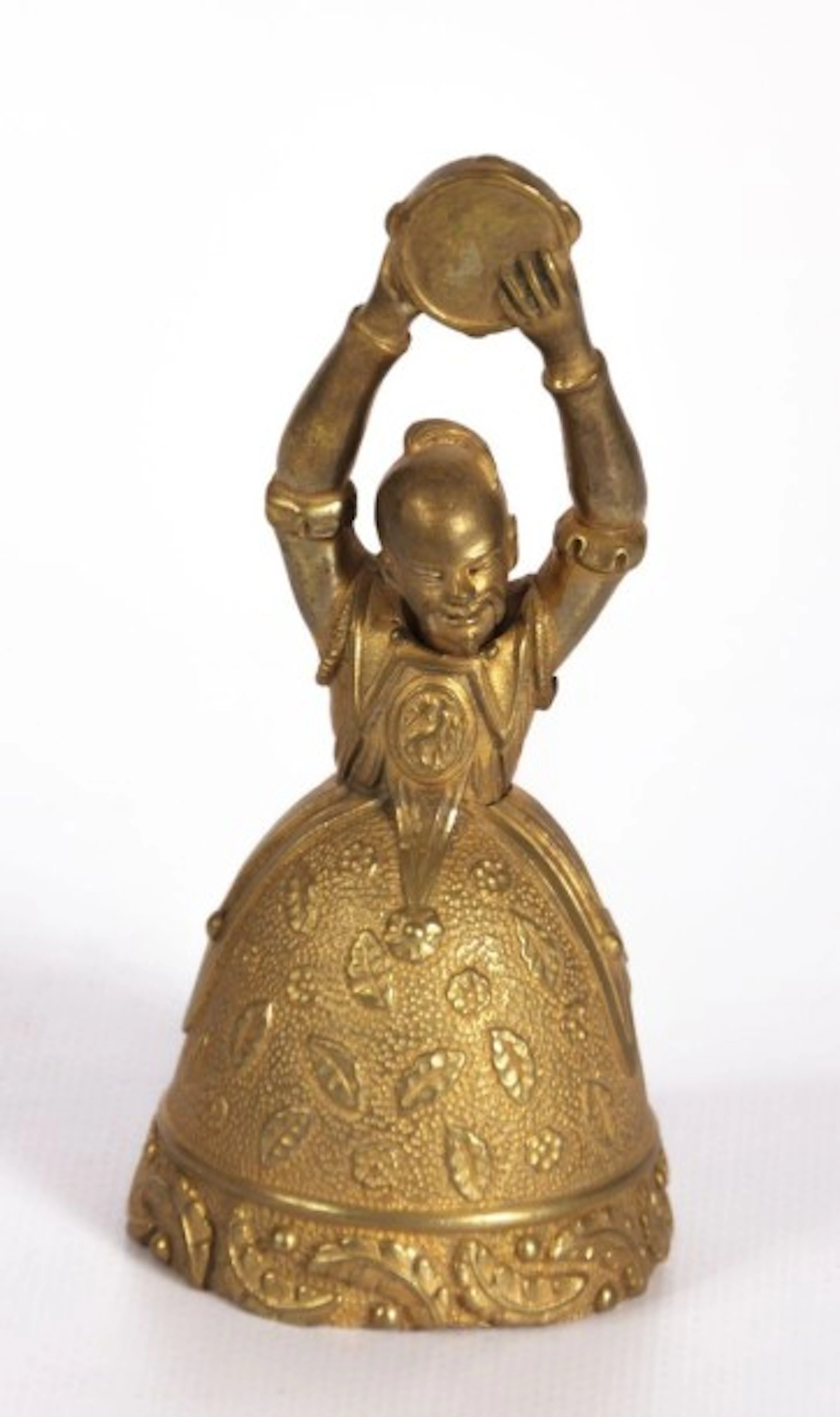 Clochette de table en bronze en forme de chinois en robe jouant du tambourin
