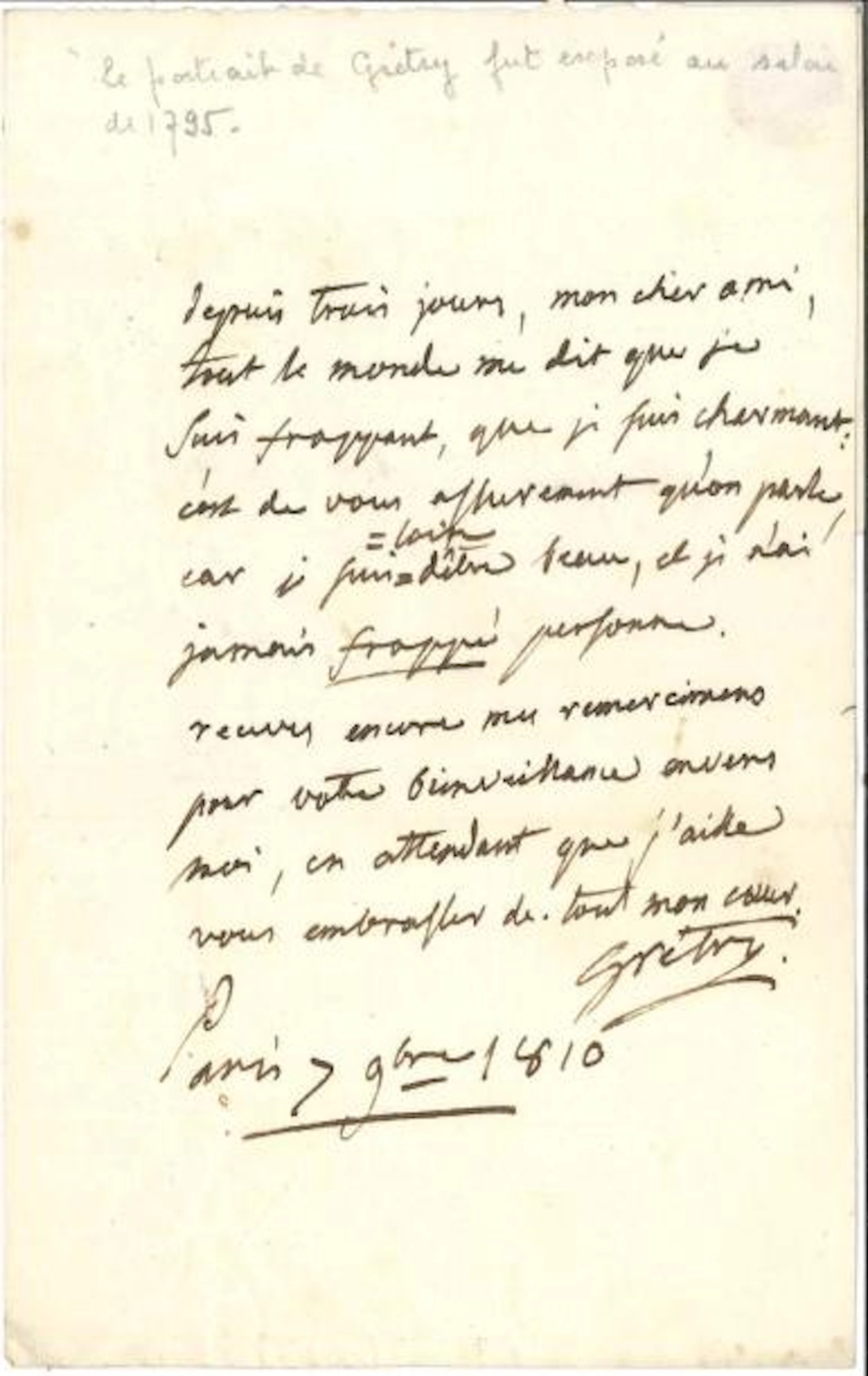 André GRÉTRY (1741-1813) LAS, Paris 7 novembre…