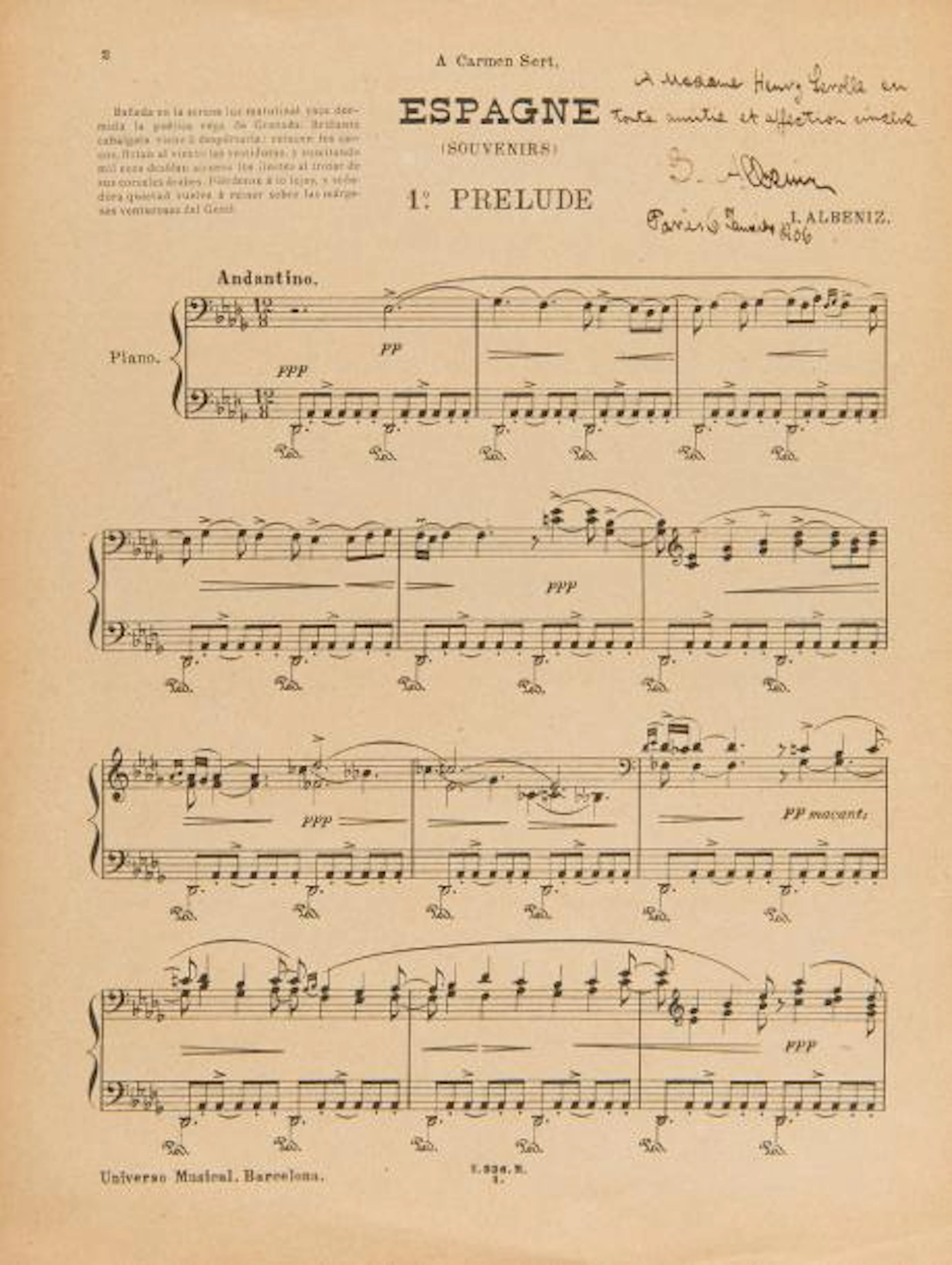 ALBENIZ Isaac (1860-1909). Espagne (Souvenirs).…
