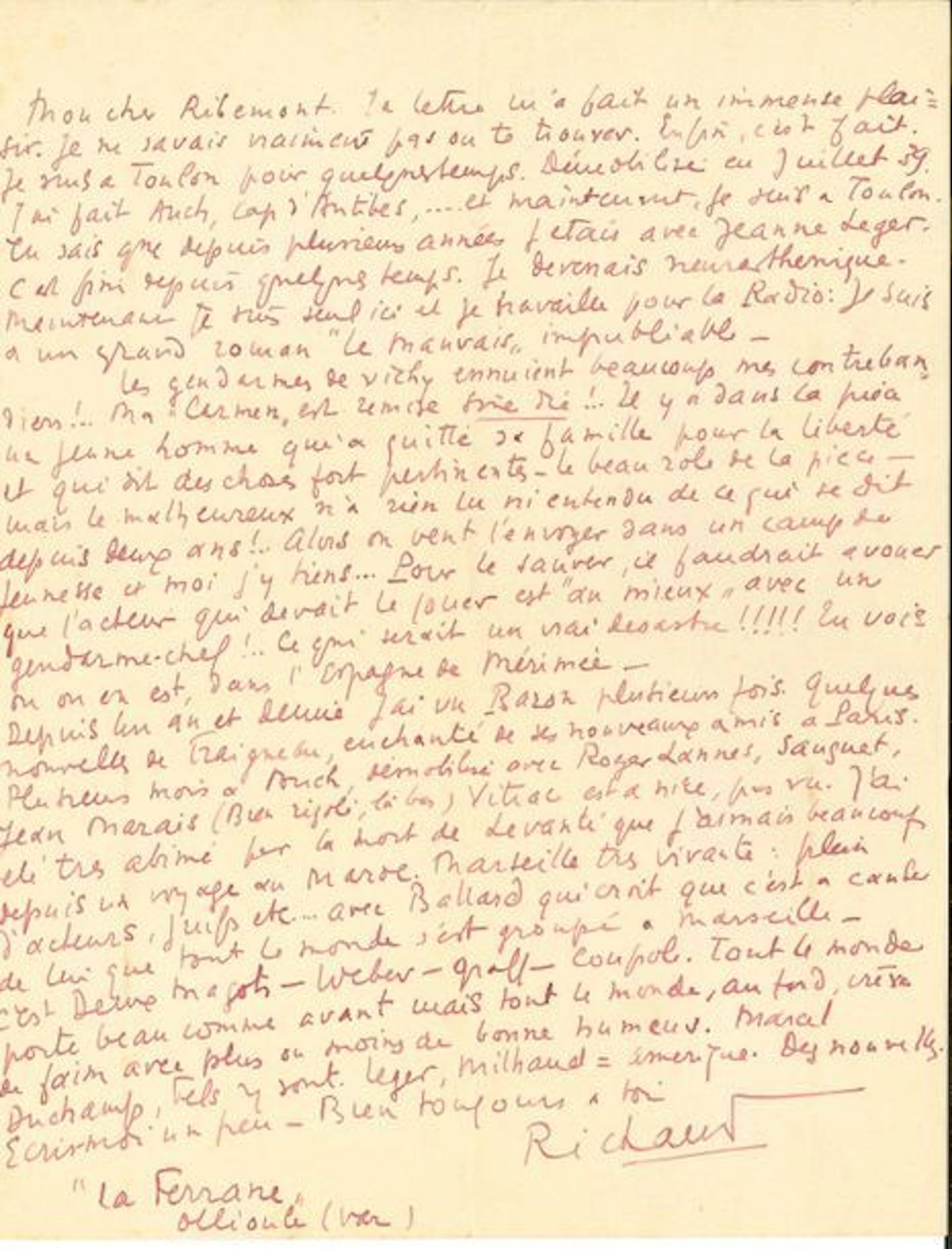 André de RICHAUD. 3 L.A.S., [1942], à Georges...