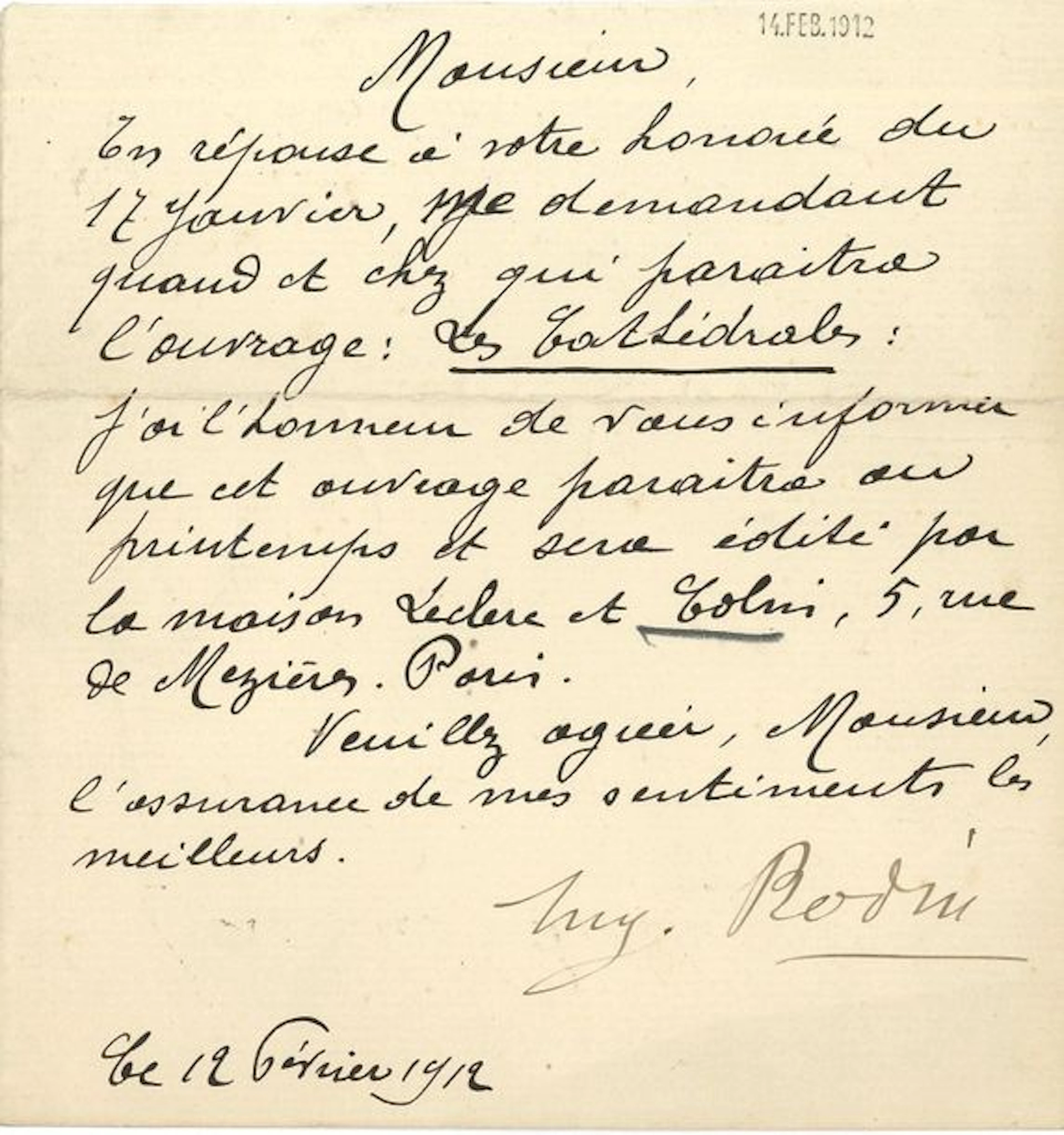 Auguste RODIN. L.S., 12 février 1912 ; 1...