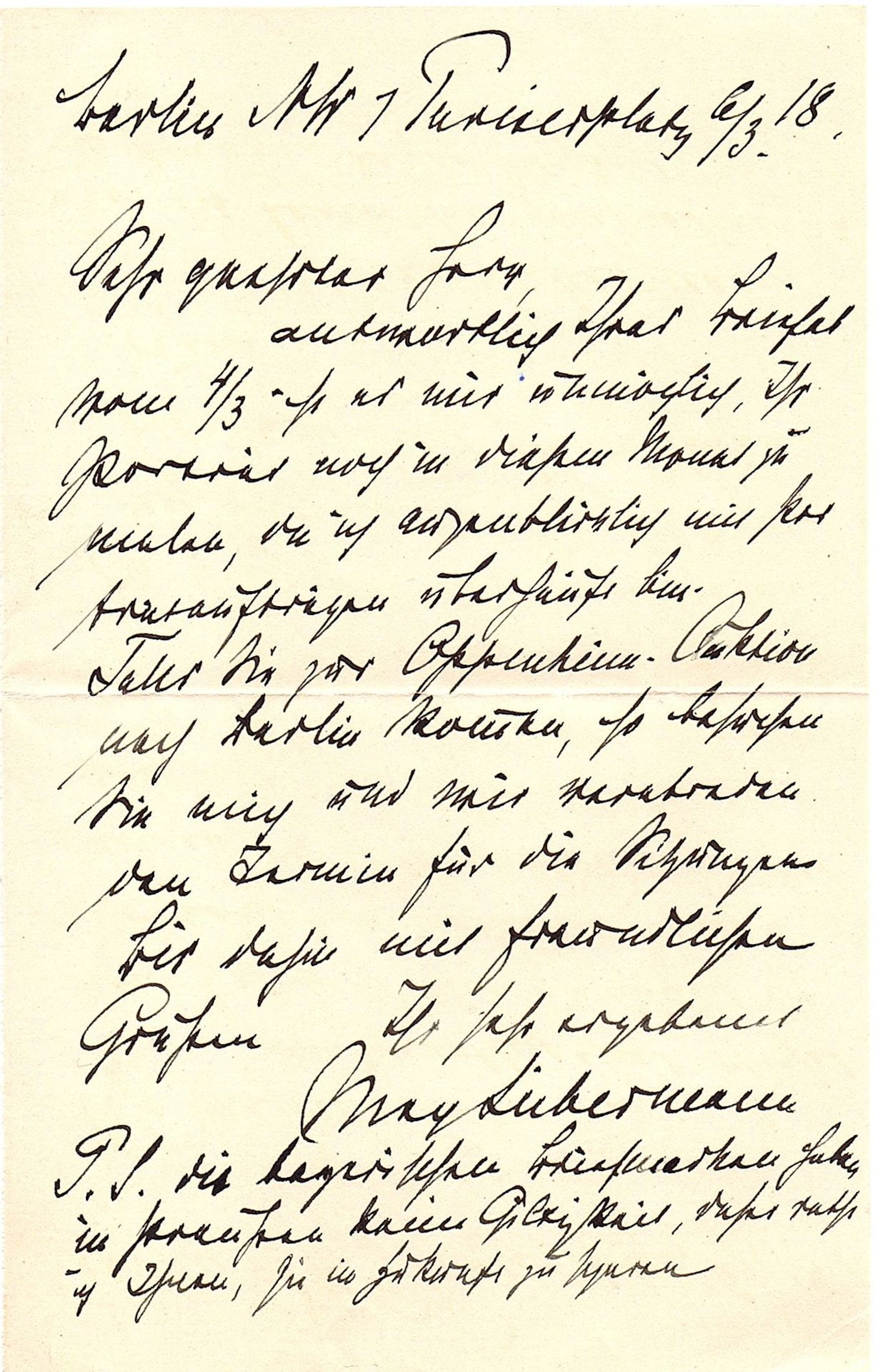 Max LIEBERMANN (1847-1935). L.A.S., Berlin... - Lot 23 - Ader