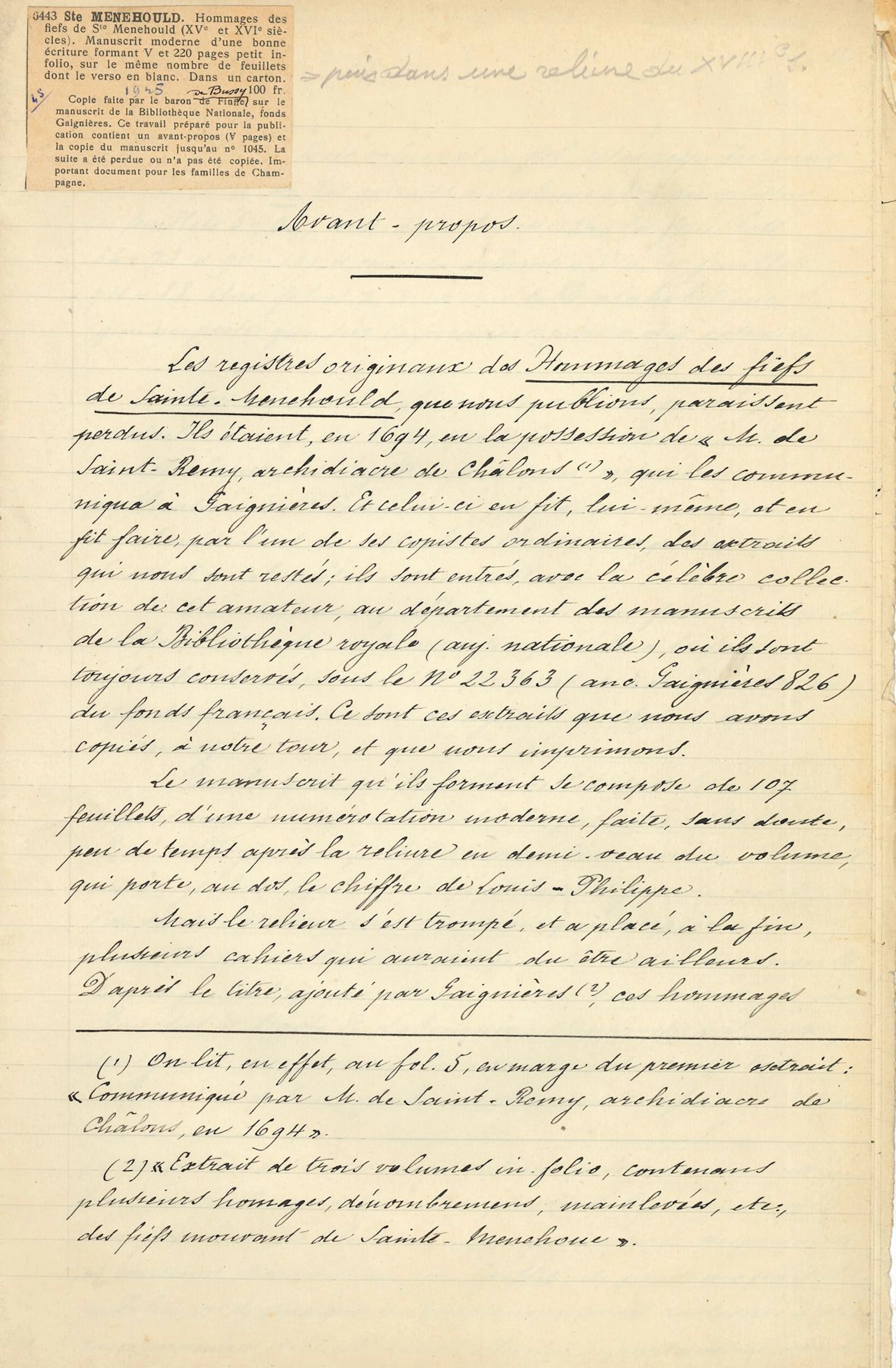 SAINTE-MENEHOULDE. Manuscrit par le baron... - Lot 283 - Ader