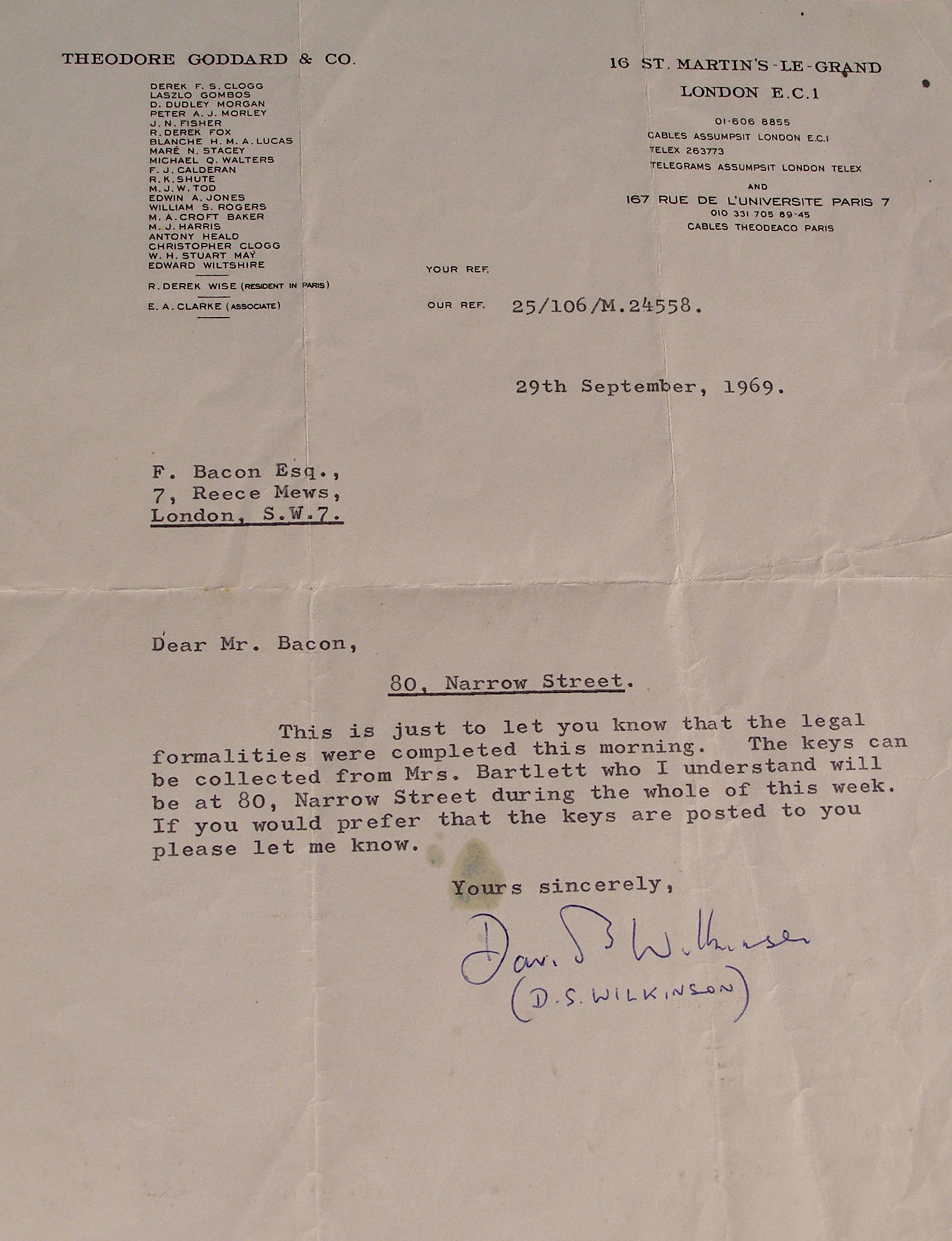 Letter to Francis Bacon from Theodore Goddard & Company