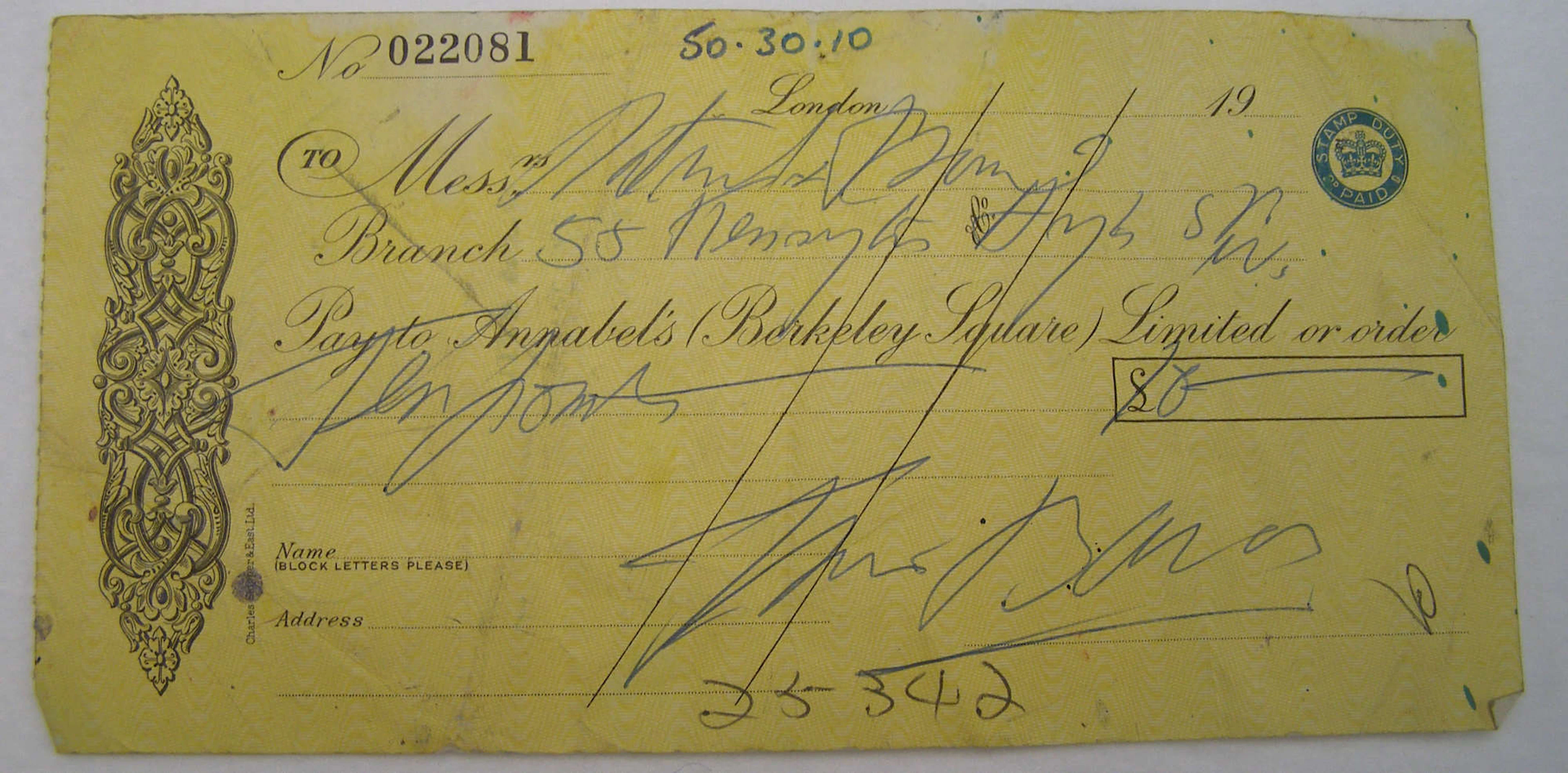 Francis Bacon signed cheque No. 022081. A cheque for Â£10 payable to Annabels (Berkeley Square) Ltd.