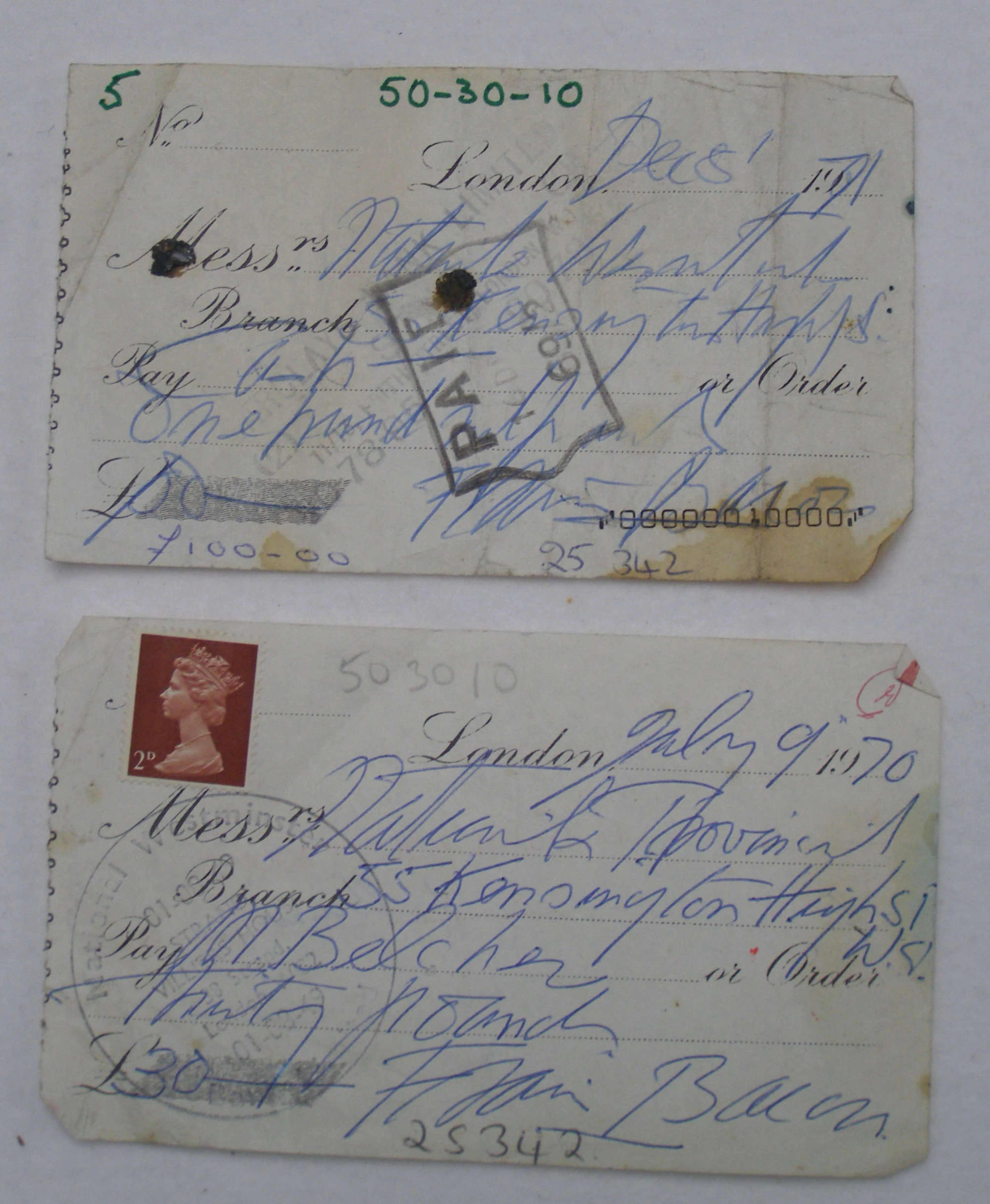 Francis Bacon two signed hand-written cheques one to Muriel Belcher for Â£30 dated July 9th 1970 signed: and another for Â£100 dated December 8th 1971