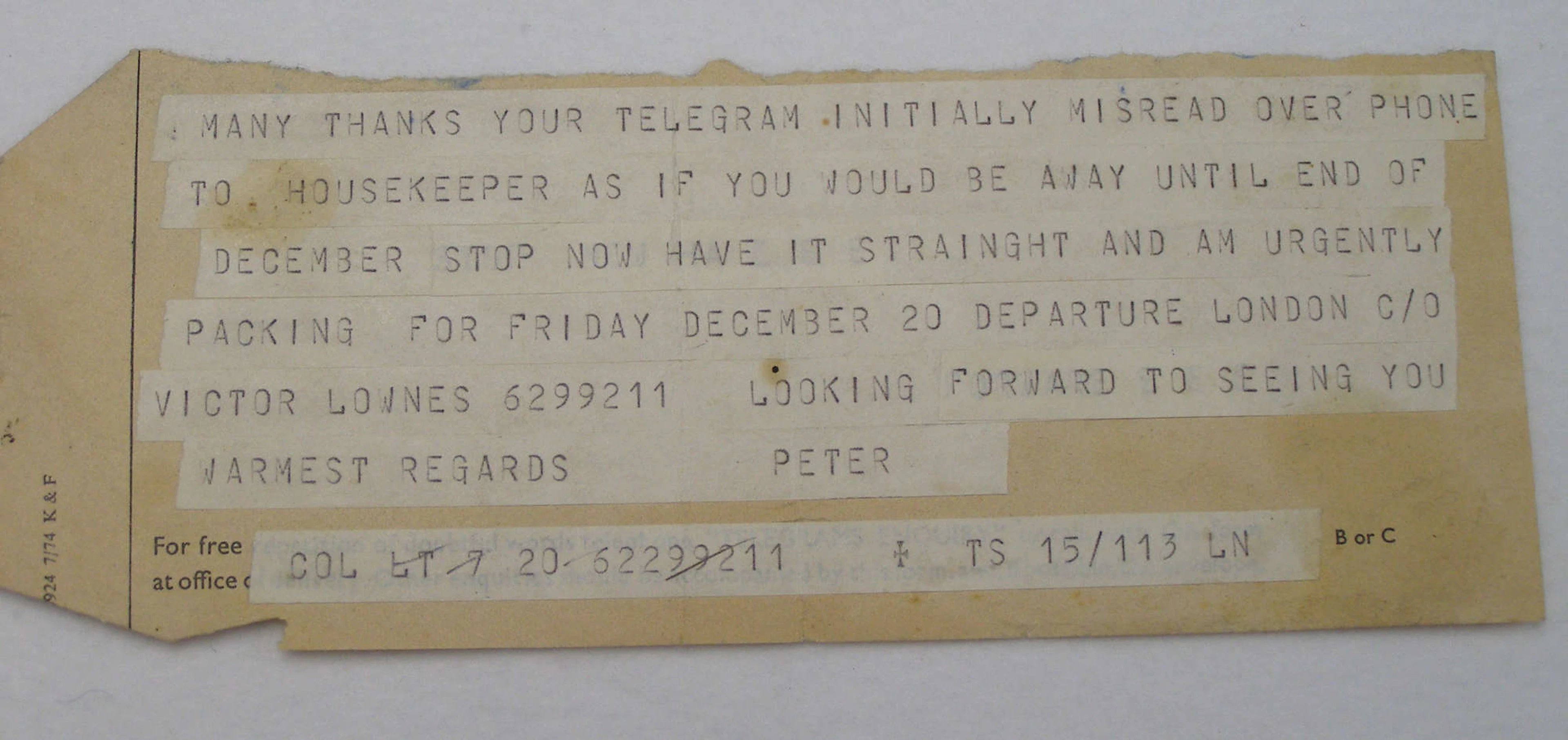 Attributed to Peter Lacy telegram to Francis Bacon: Many thanks