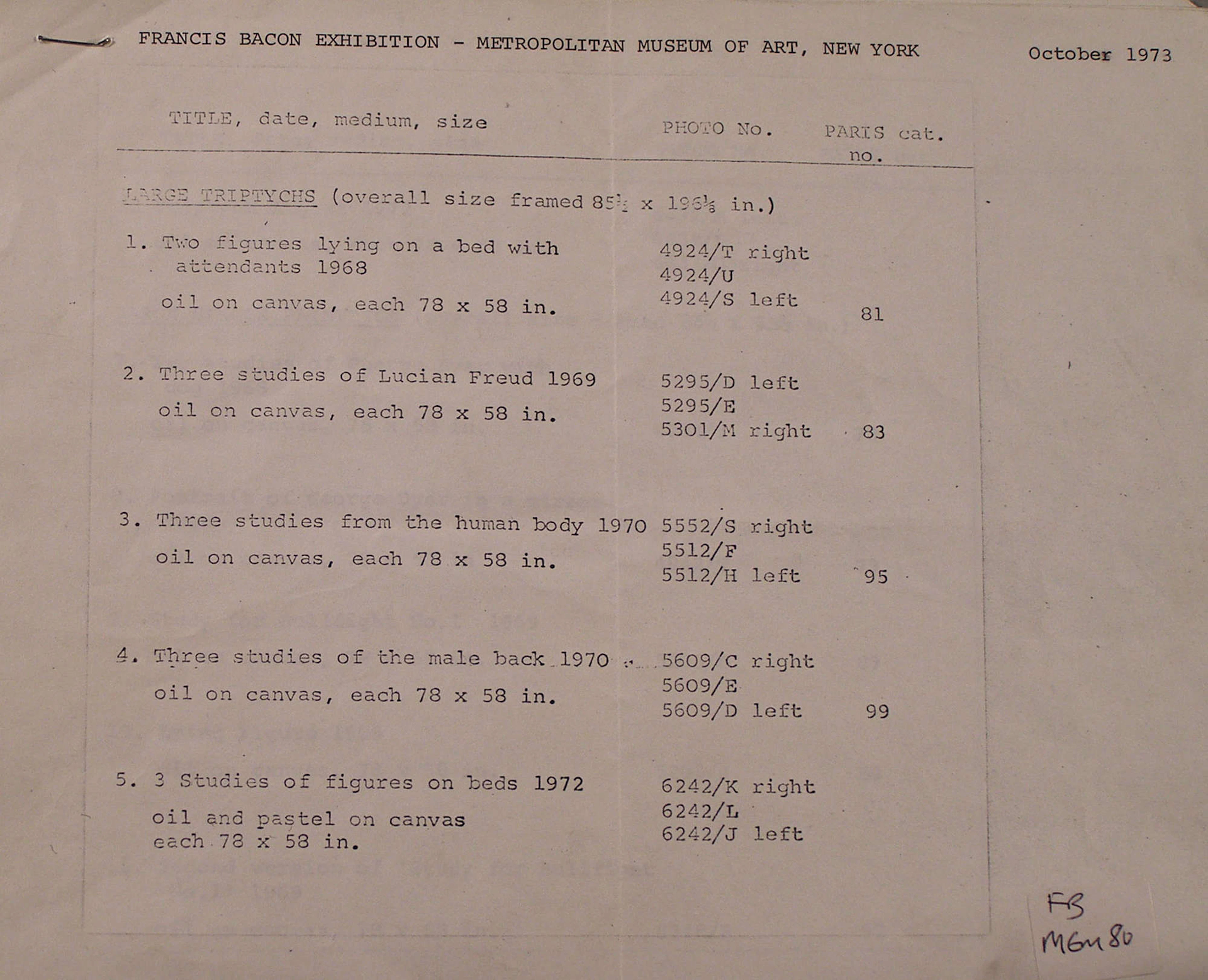 Francis Bacon black and white photographic prints and typewritten schedule of paintings for Exhibition Metropolitan Museum of Art