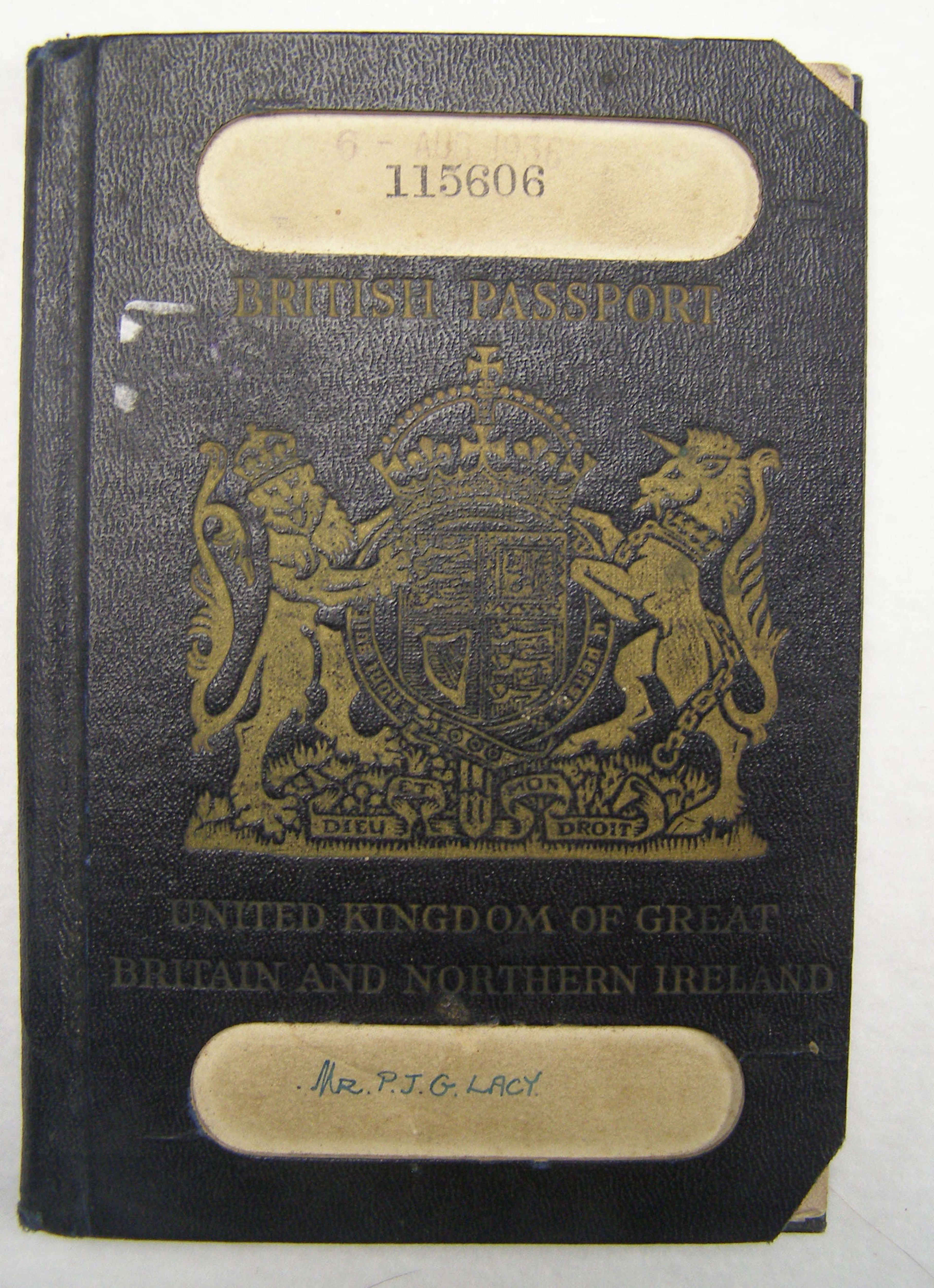 Peter James Gerald Lacy: Cancelled United Kingdom Passport issued 6th August 1936. Lacy was described as a student born at Leamington Spa 29th January 1916