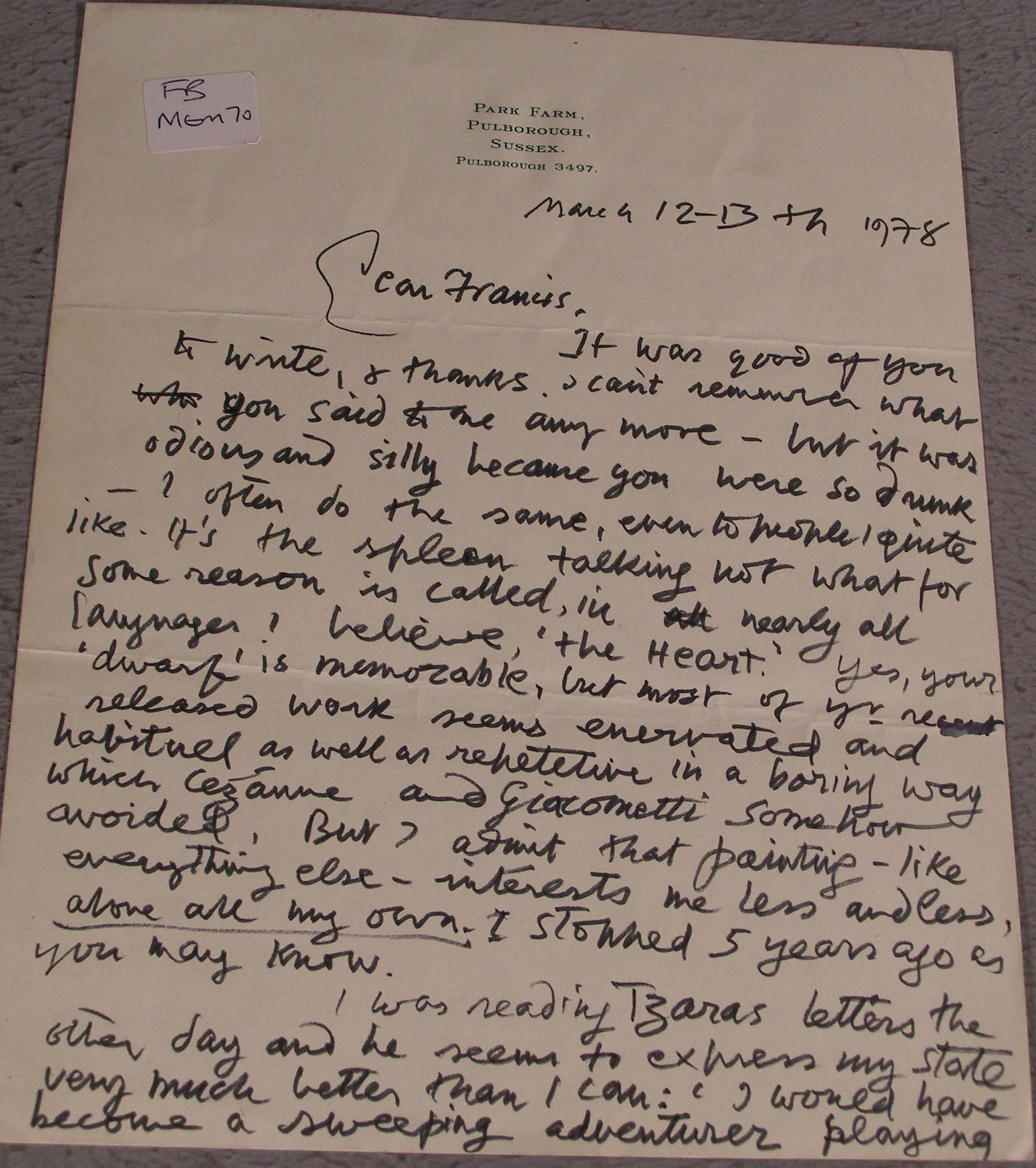 Michael Wishart (1928-1996): Hand-written letter to Francis Bacon from Park Farm
