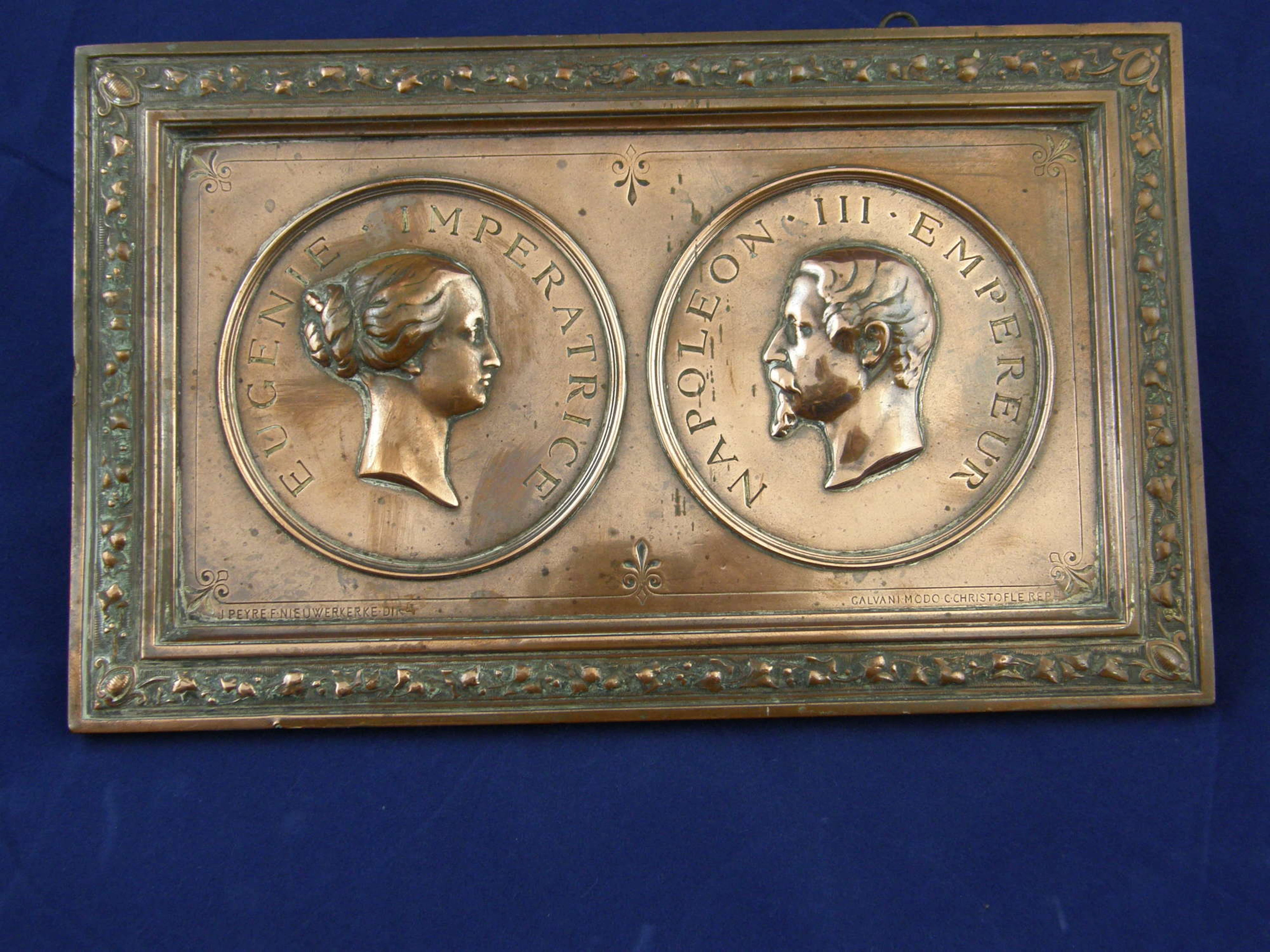 19th century French copper plaque commemorating marriage between Empress Eugene to Napoleon III makers mark for J Peyre 117