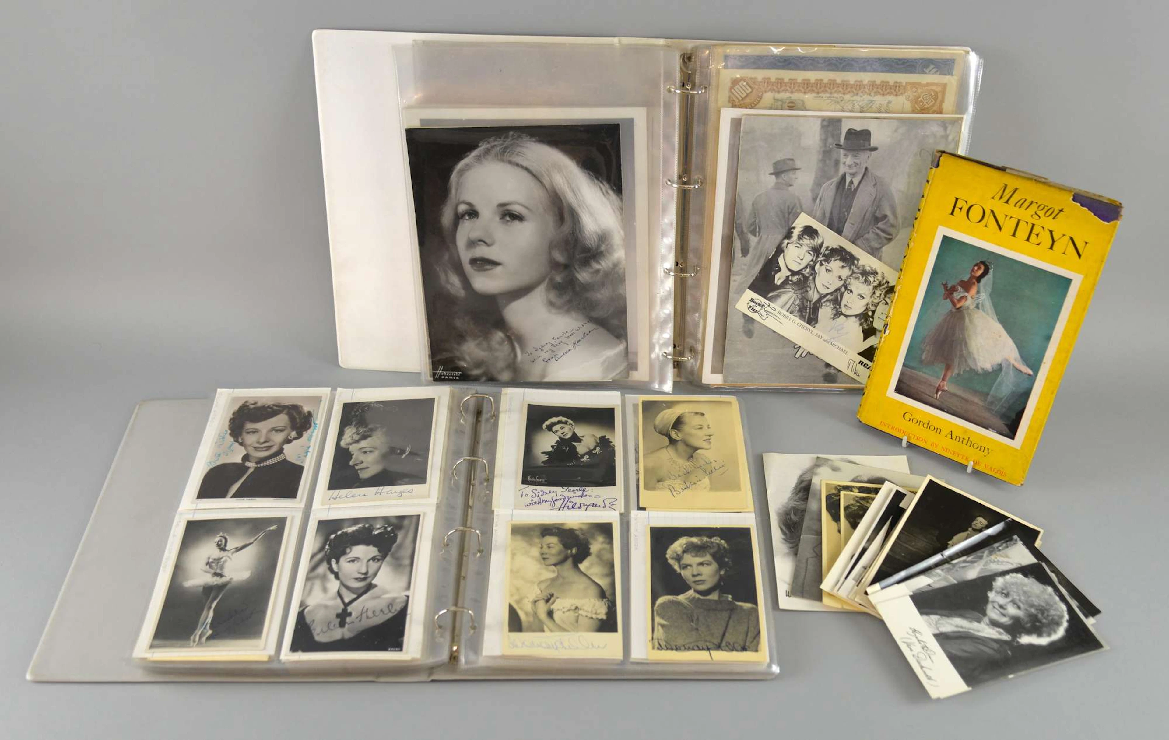140+ Autographs, signed postcards, photographs from stars of stage & screen, some ballet related, names including Gordon Harker, Beatrix Lehmann, Vivian Leigh, John Gielgud, Alec Guinness, Laurence Ol