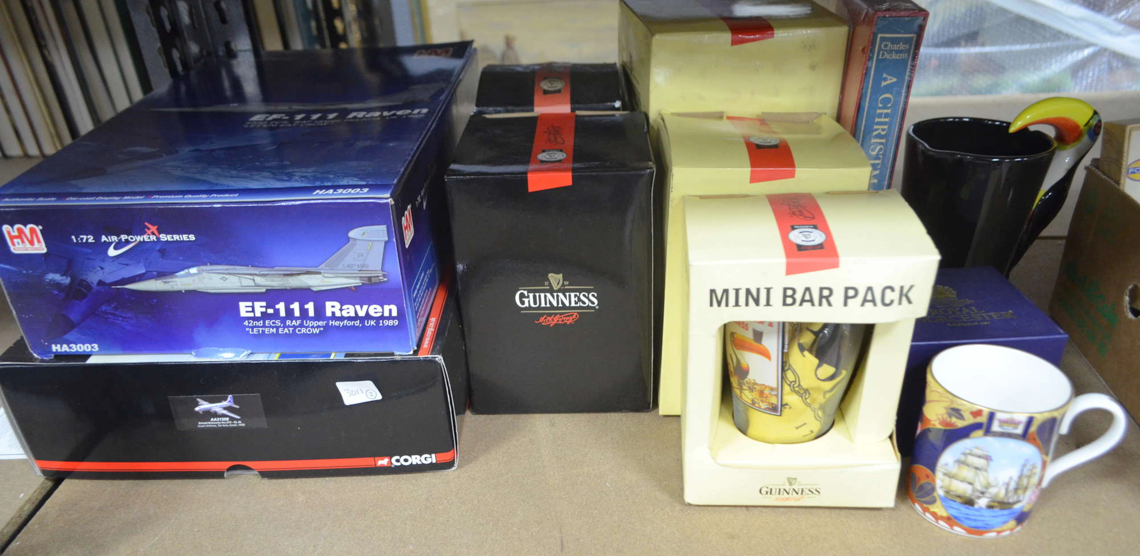 Quantity of items including watches, Royal Worcester mug, cufflinks, Aviation Archive Bristol Britannia, Air Power Series EF-111 Raven