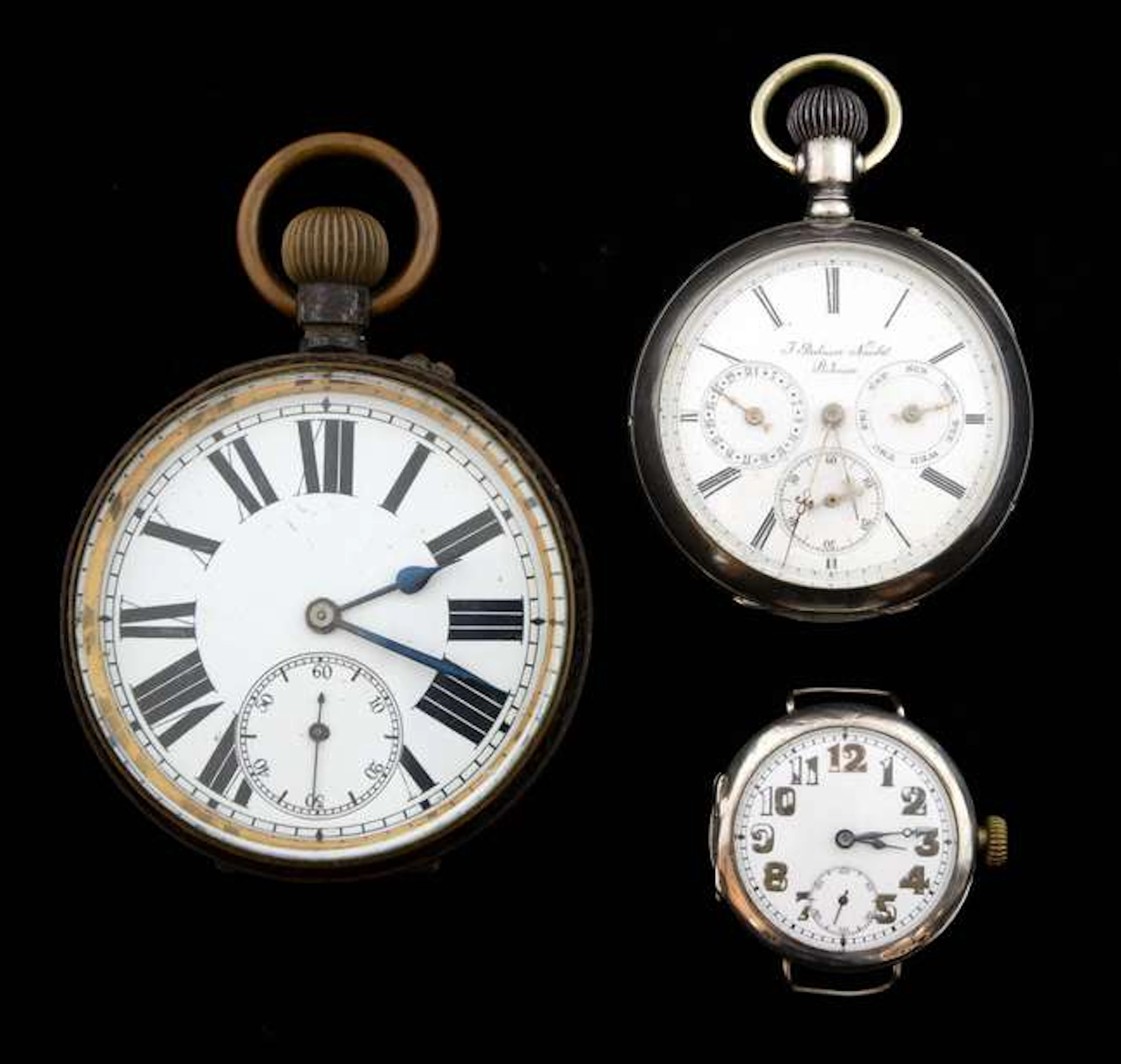 Multi dial open faced pocket watch by J Balmer Nicolet St Imier