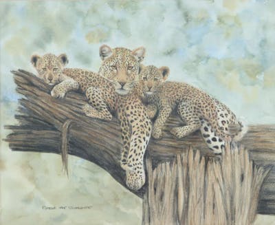 Estelle van Schalkwyk (South African, contemporary), three leopards ...