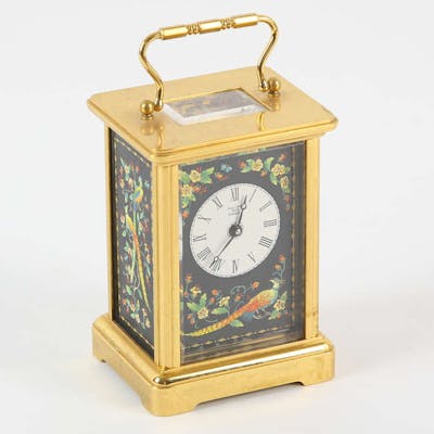 Halcyon Days Enamels carriage clock, the face and side panels enamelled ...