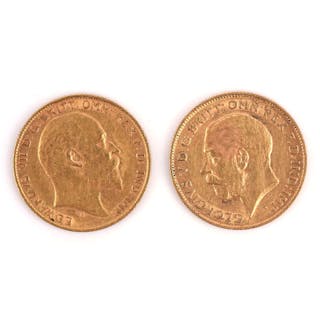 Two half sovereigns, one with Edward VII bust dated 1908 with St George