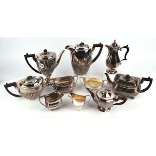 Five piece silver plated tea service with gadrooned borders, comprising