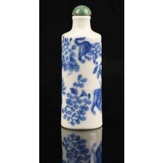 A Chinese porcelain blue and white snuff bottle of cylindrical form