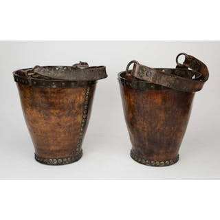 Pair of leather fire buckets, 19th Century, with ring and strap handles