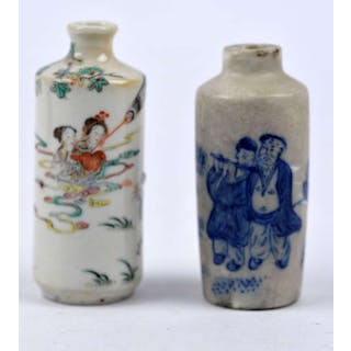 Two Chinese snuff bottles of cylindrical form; one in famille rose