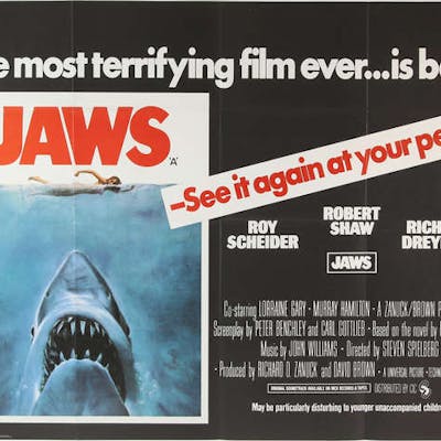 Jaws (R-1970's) British Quad film poster, folded, 30 x 40 inches.