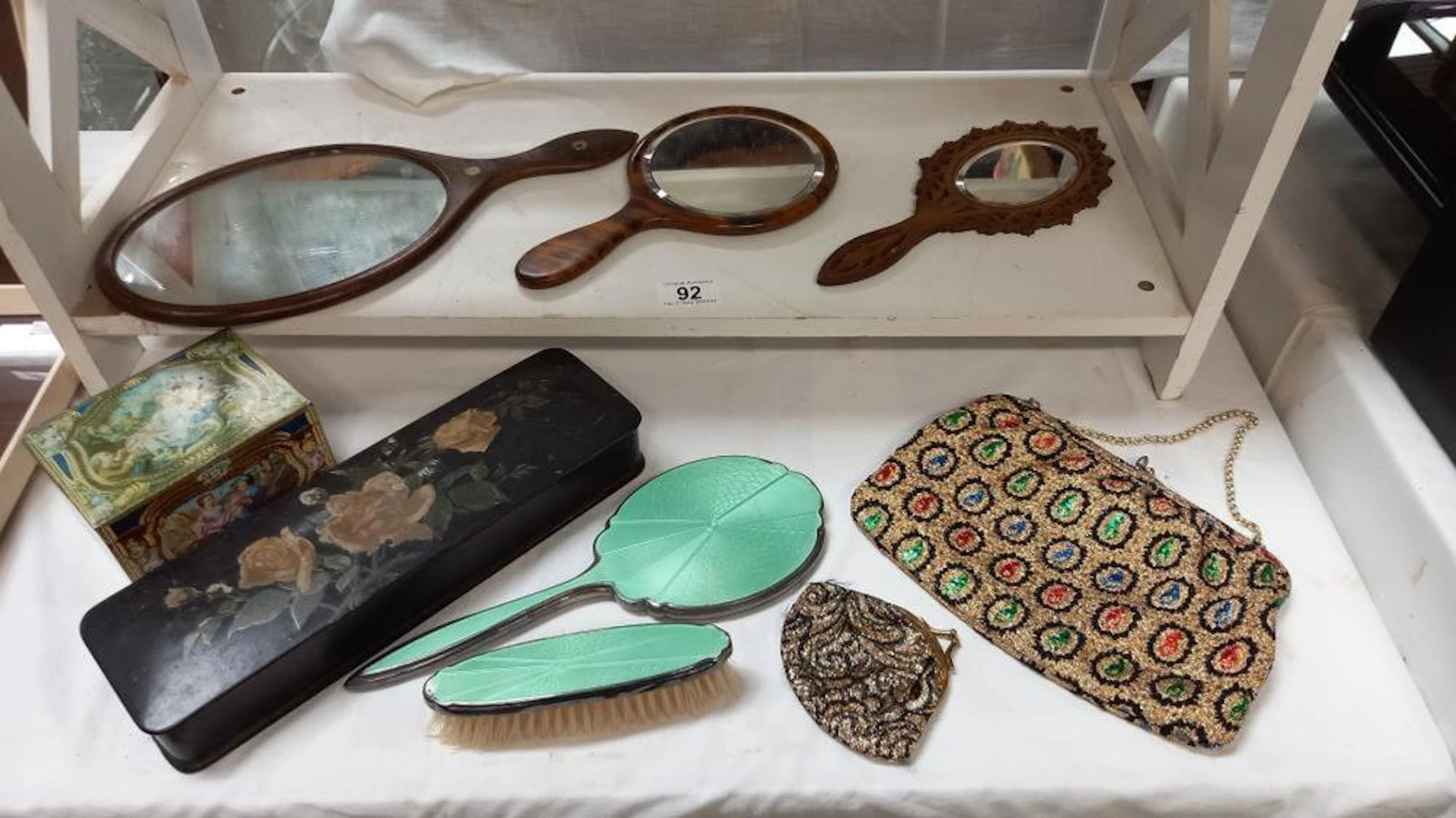 A mixed lot, vintage mirrors, brush, old tin box, handbag, vintage box etc