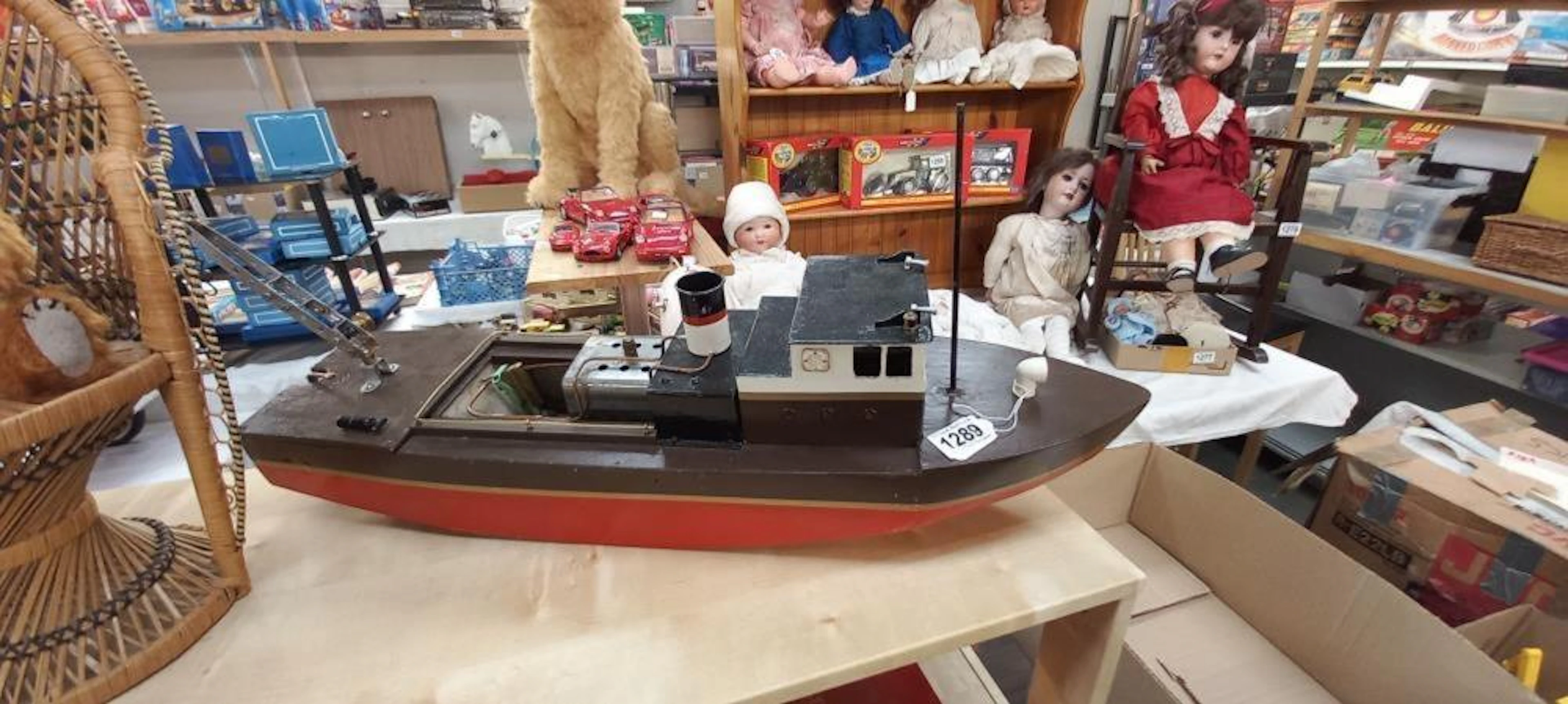 A Mamod marine steam engine in a wooden fishing boat length 64cm