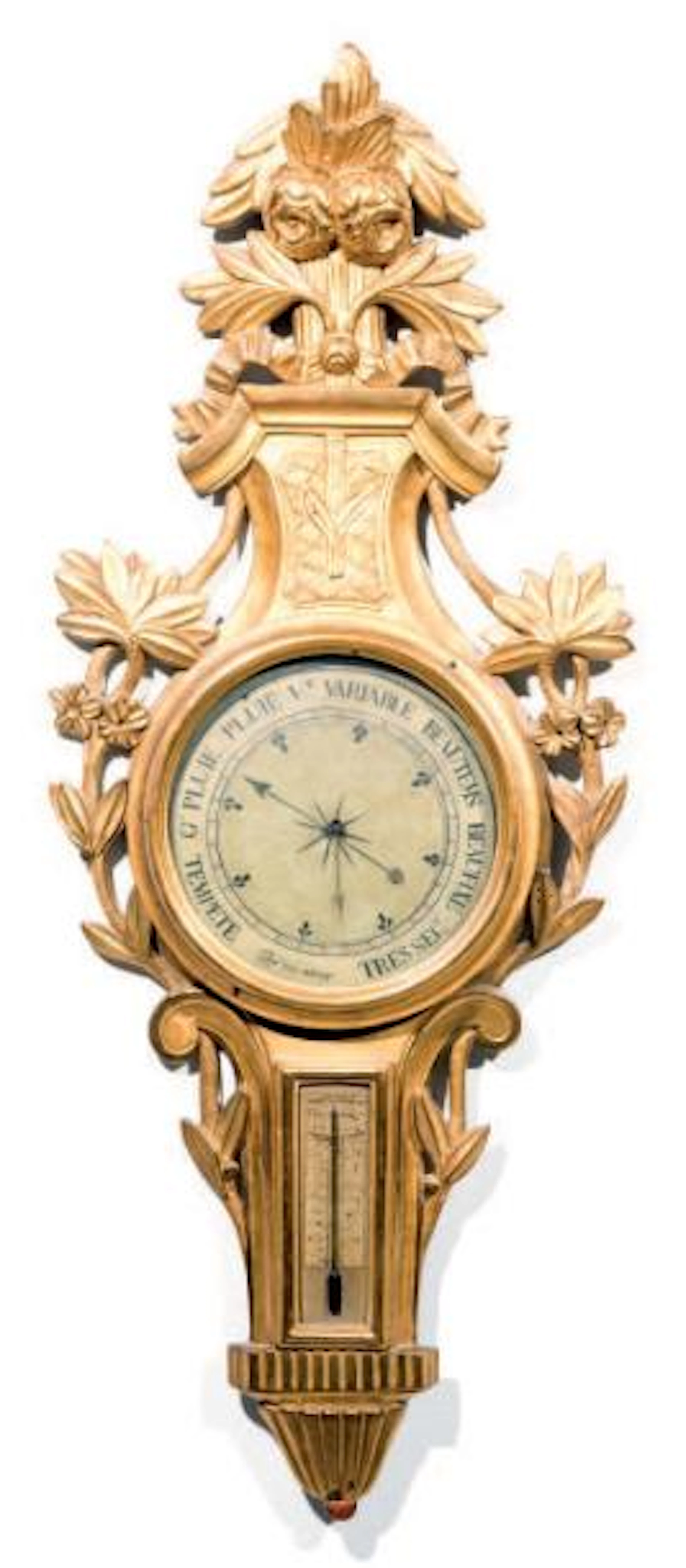 Baromètre-thermomètre en bois sculpté et redoré à décor de branchages...