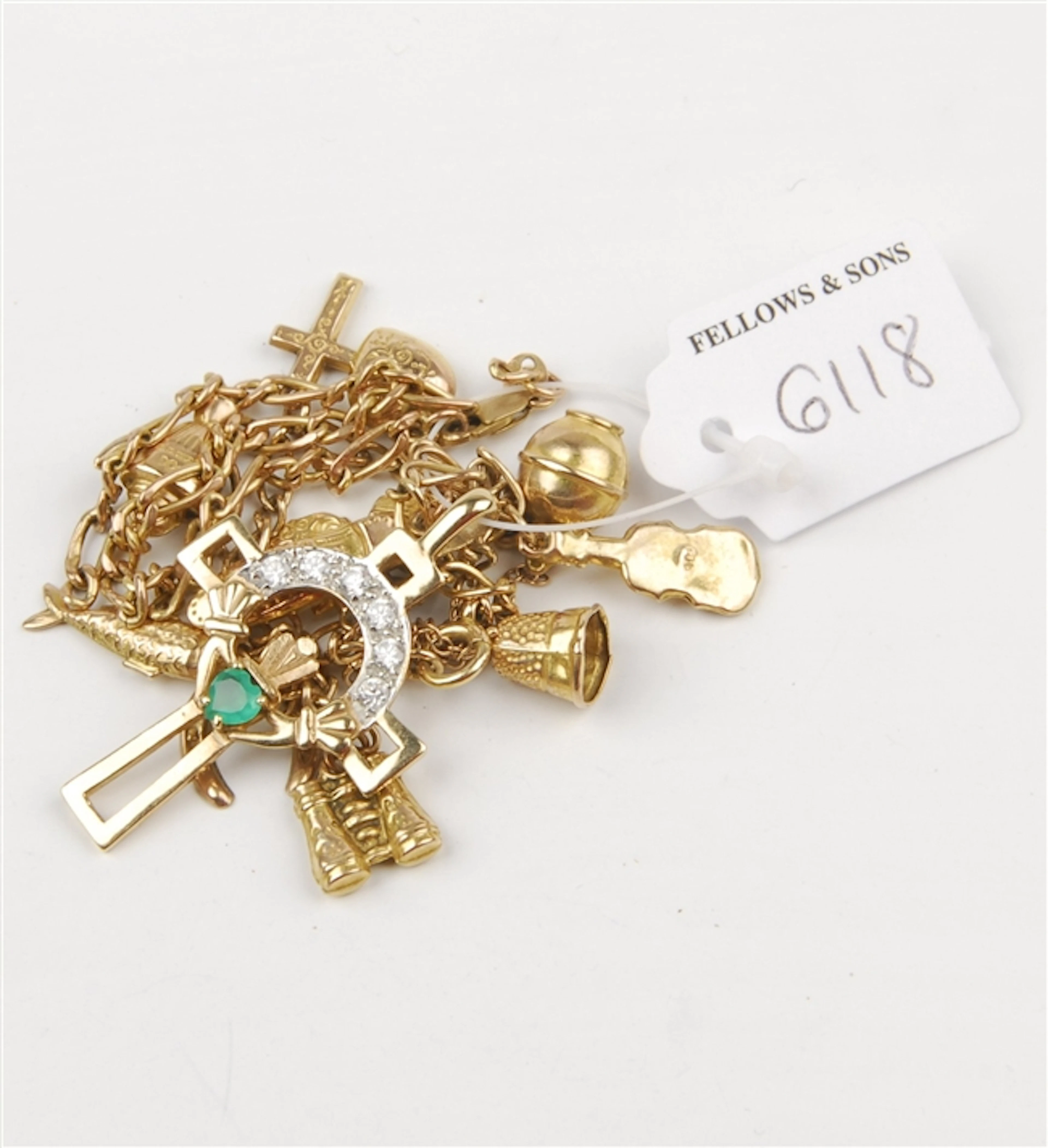 (0004912) 9ct claddagh cross pendant, 9ct charm b/let w/s c af, 9ct figaro bracelet af