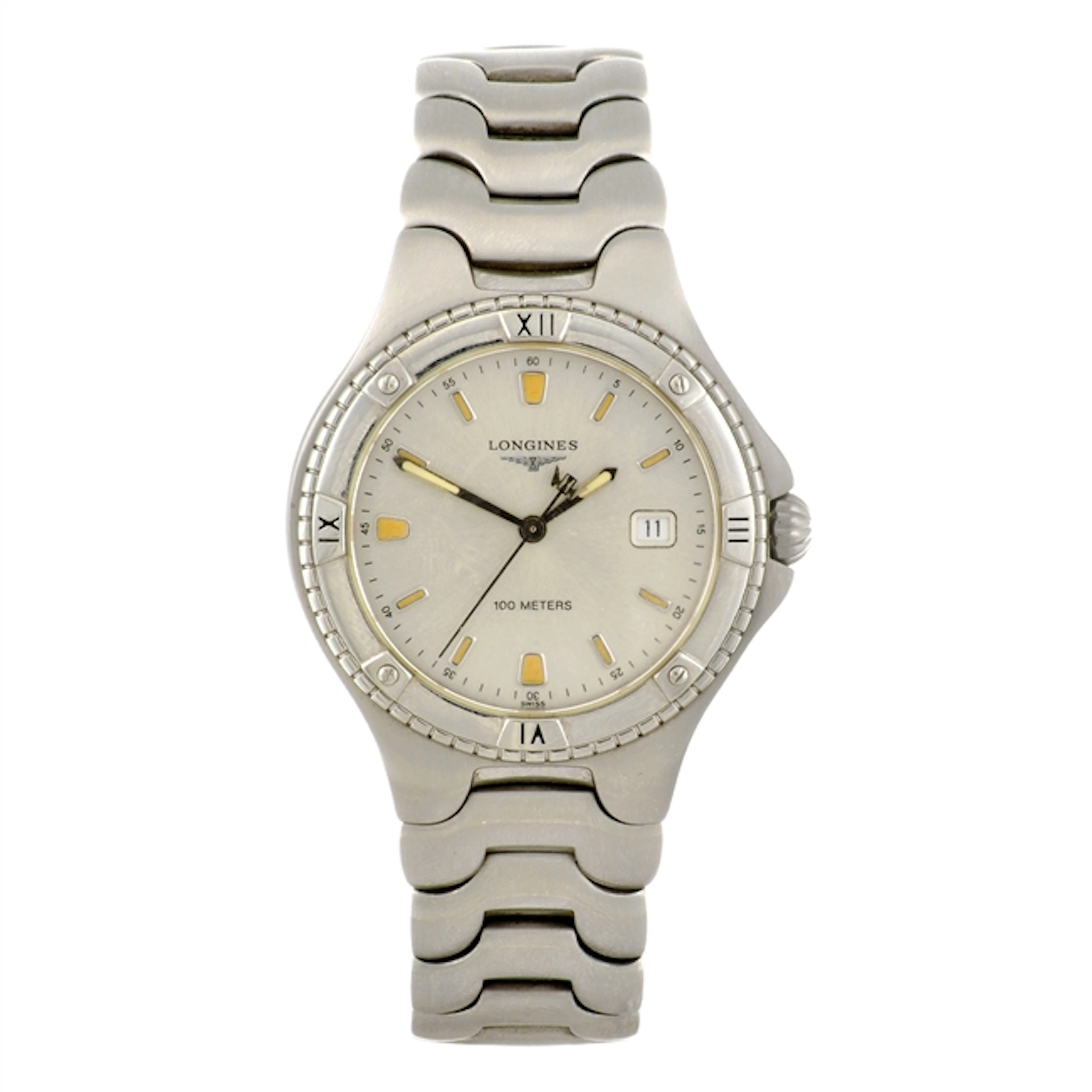 A stainless steel quartz gentleman's Longines bracelet watch with two other watches.