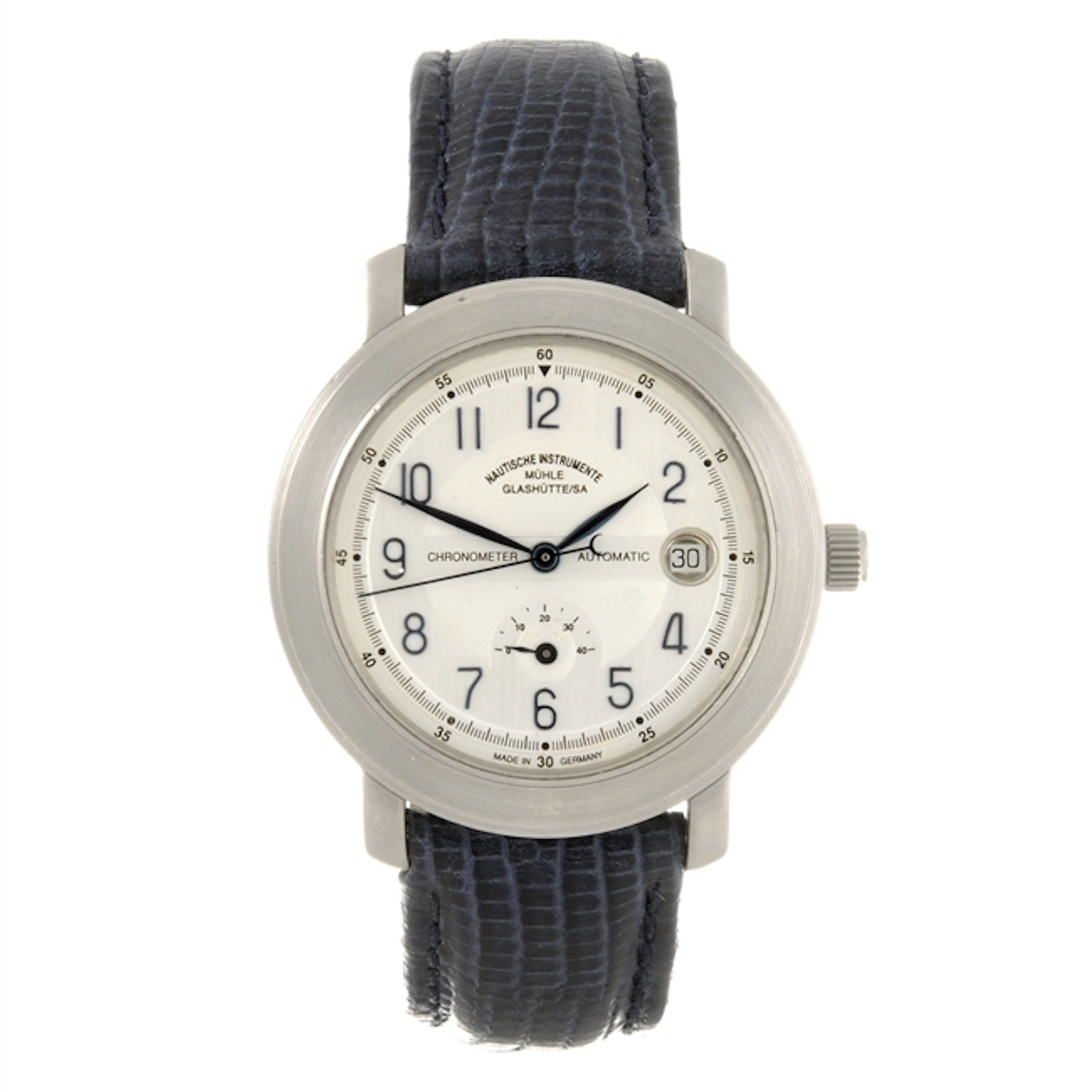 A platinum automatic gentleman's Muhle-Glashutte wrist watch.