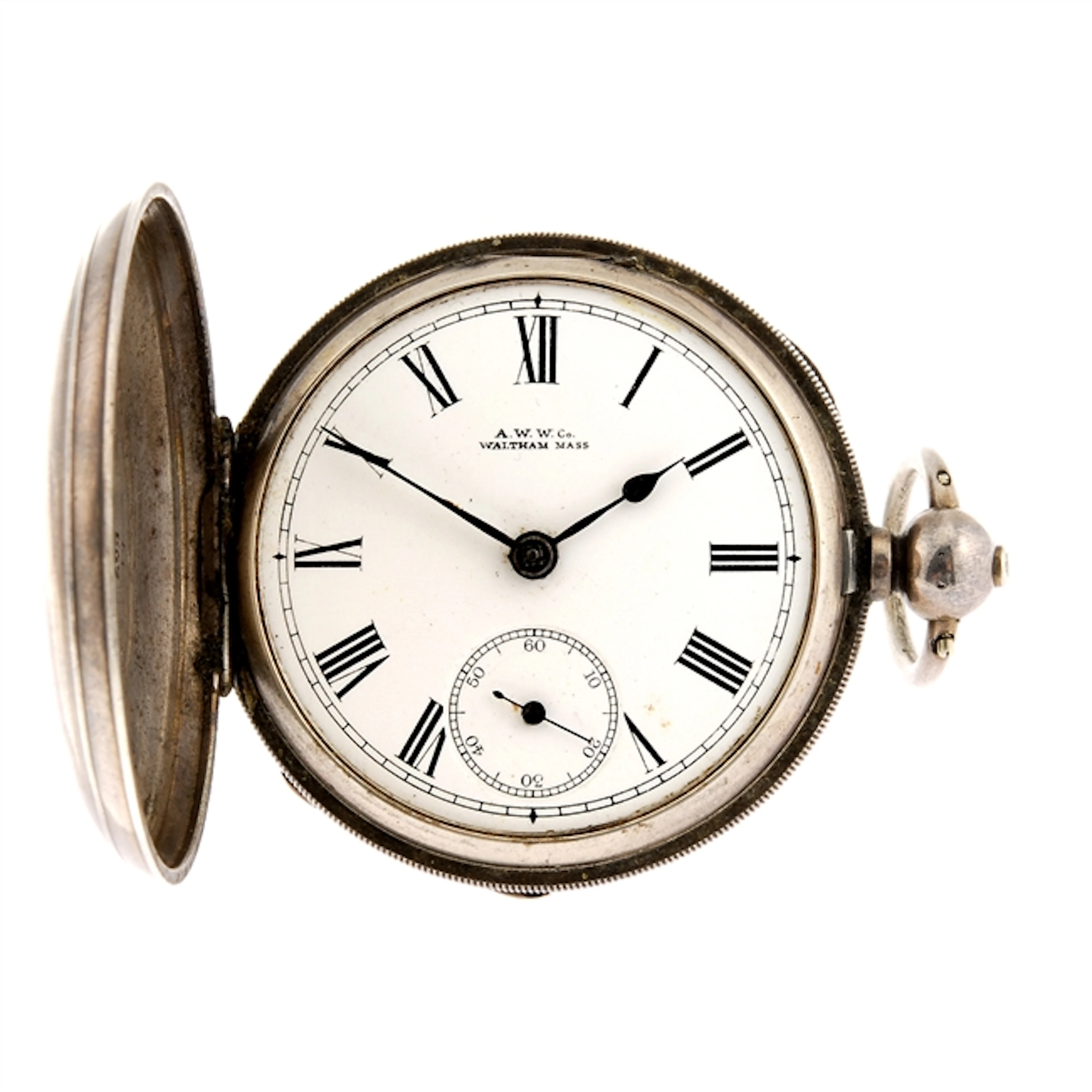 A silver key wind full hunter pocket watch signed Waltham with silver chain.