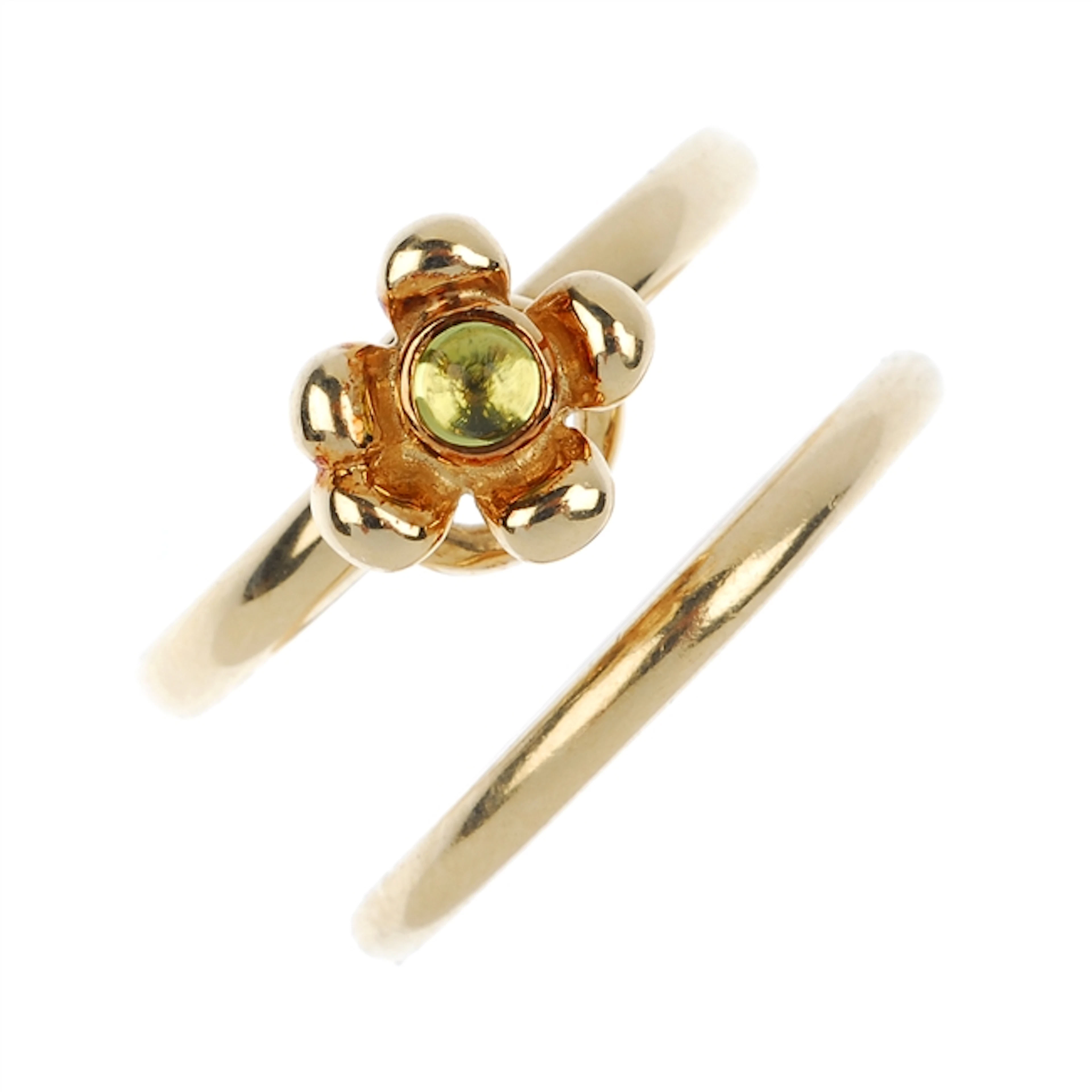 PANDORA - a 14ct gold peridot floral ring and a band ring.