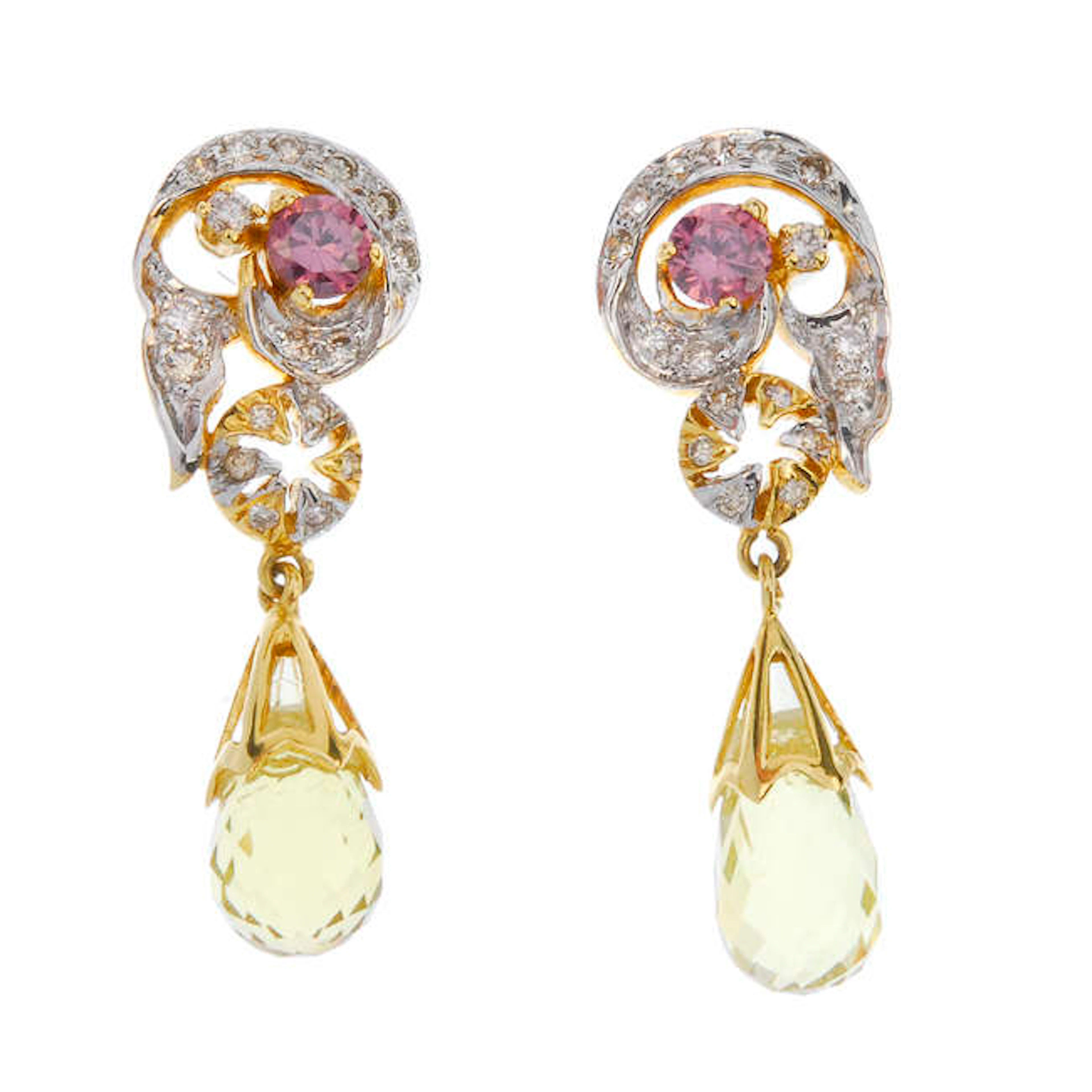 A peridot, sapphire and diamond pendant and ear pendant set.