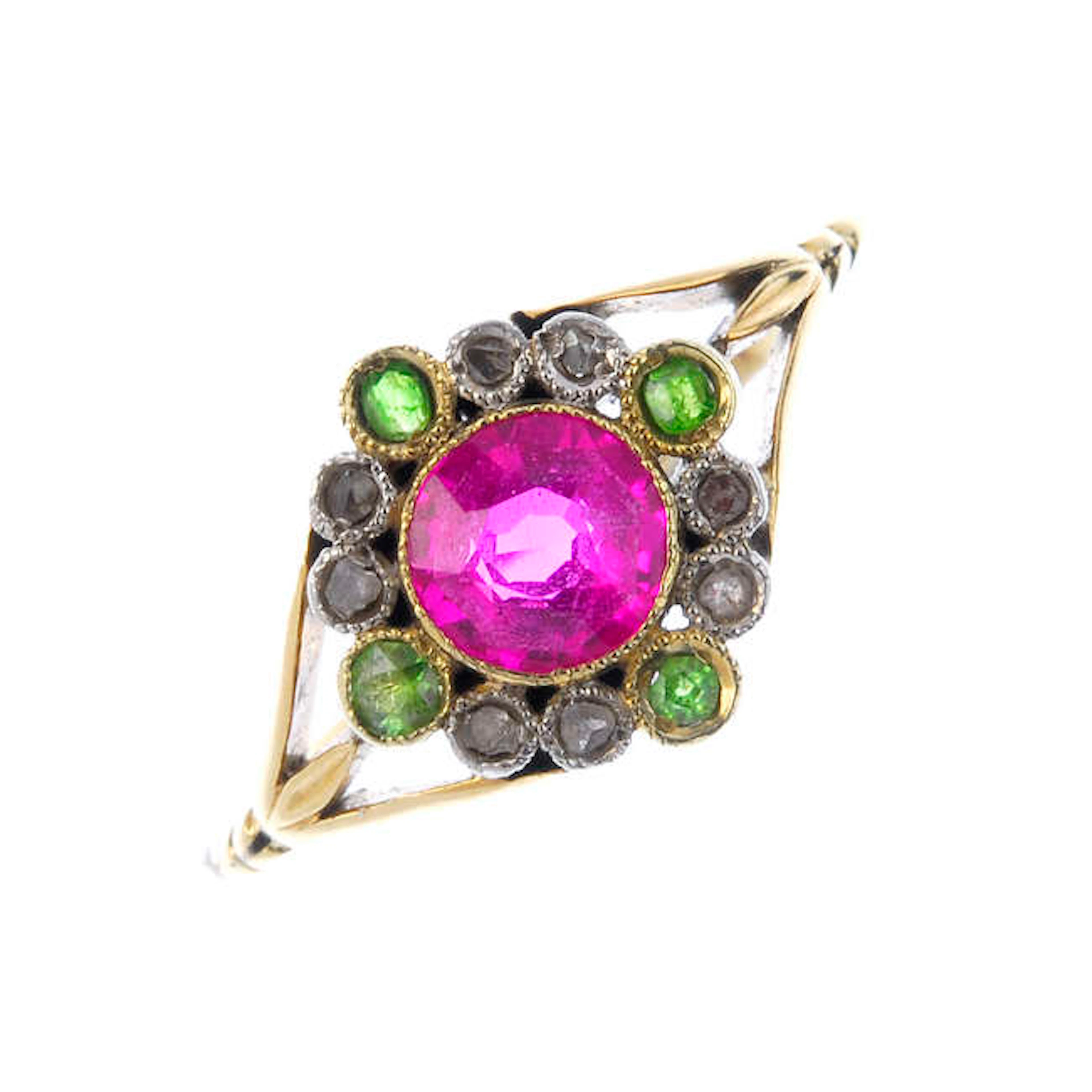 A set of early 20th century gold synthetic sapphire, demantoid garnet and diamond jewellery.