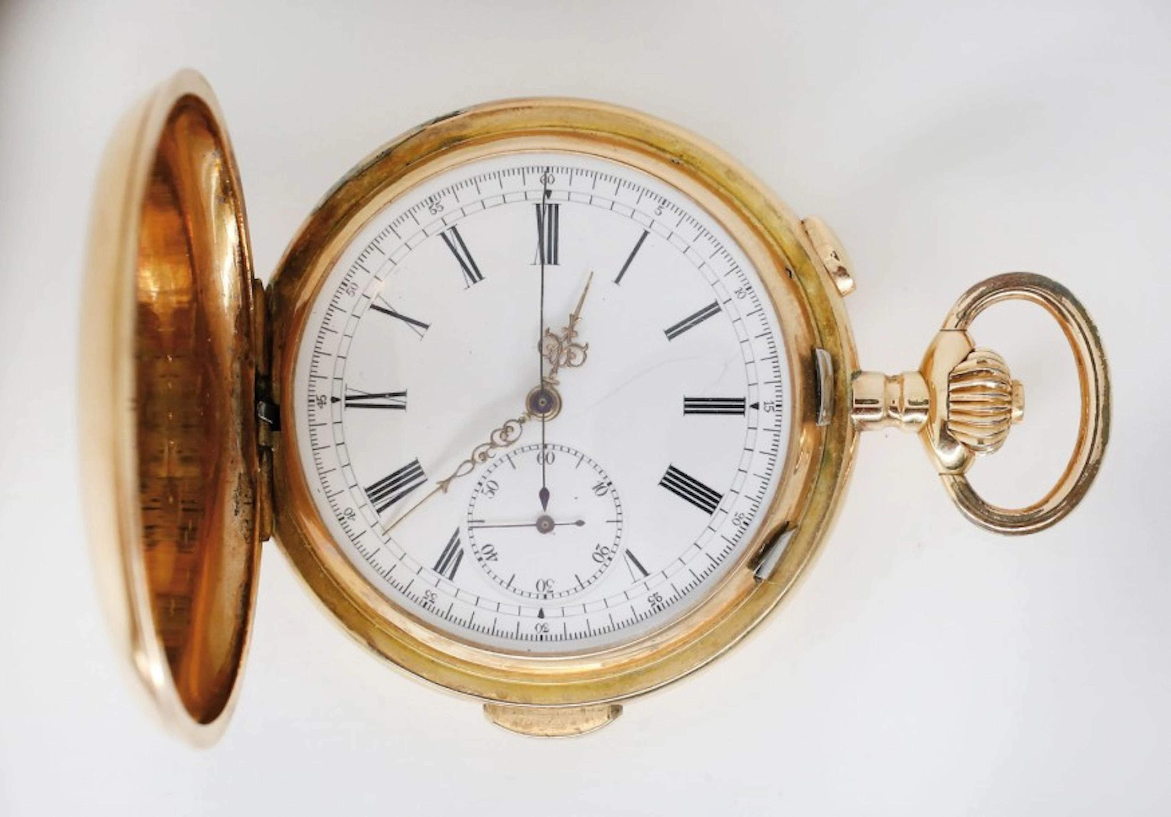 Montre chronographe savonnette en or à répétition des minutes signée 'Ls