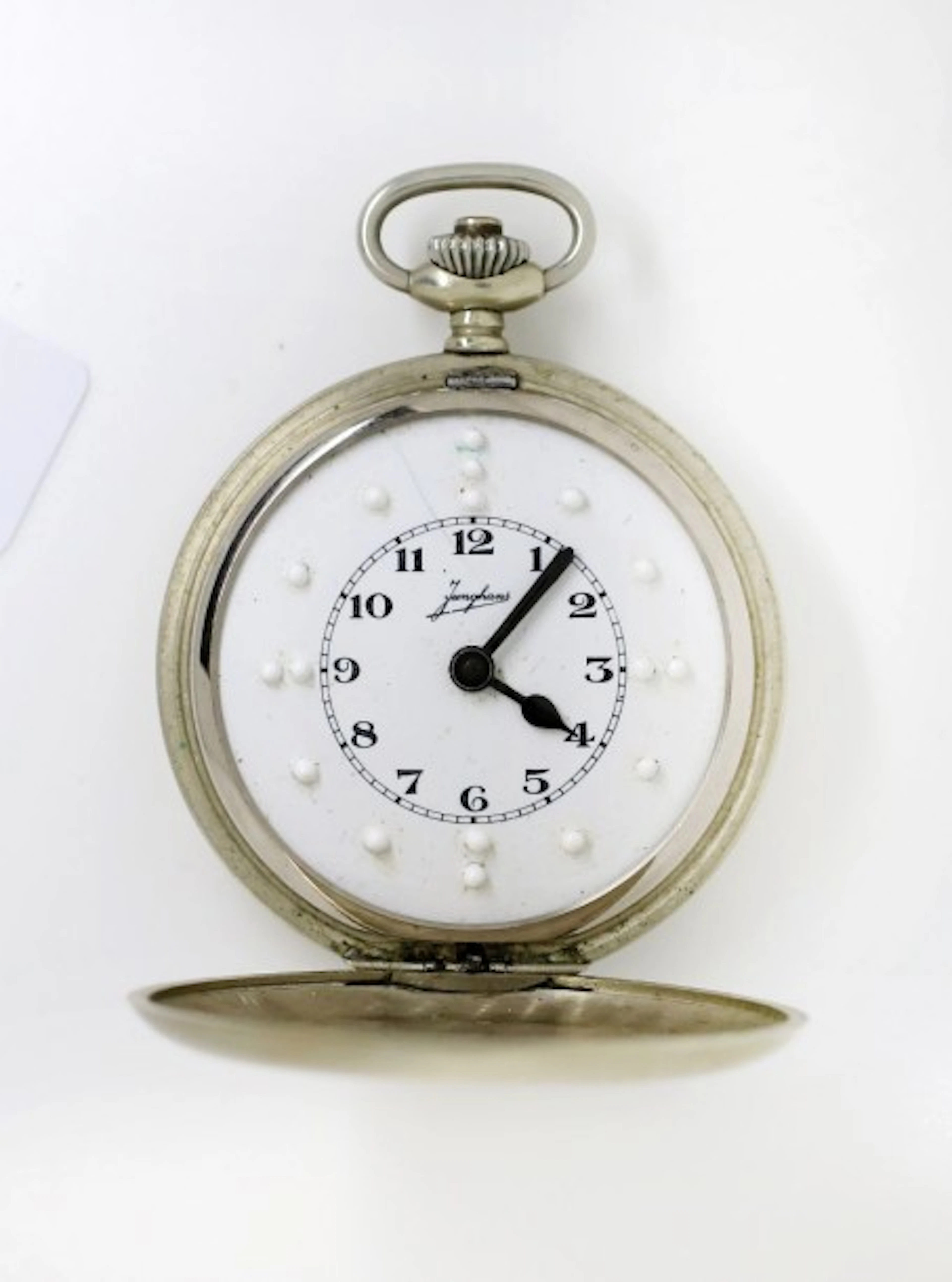 Montre à ancre savonnette en métal poli pour aveugle signée 'Junghans'