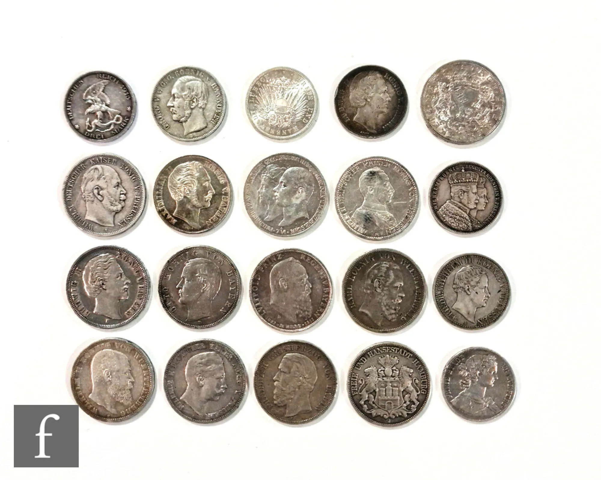 Various German funf marks dated 1875, 1876, 1898, 1904, 1907 x2 and ...