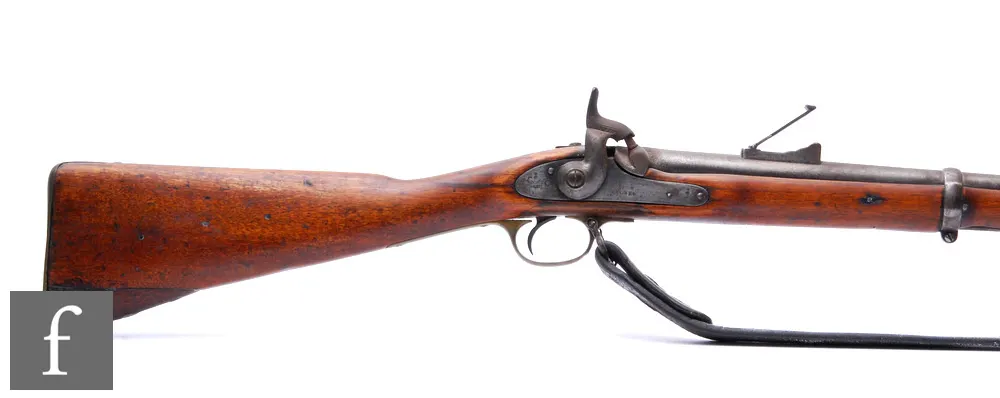 A 19th Century percussion three band musket with bayonet, 98cm barrel ...