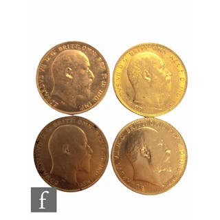 Four Edward VII sovereigns, 1904, 1908 x 2 and 1909, reverse...