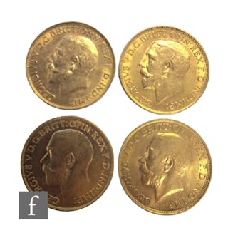 Four George V sovereigns, 1911, 1913 x 2 and 1918, all rever...